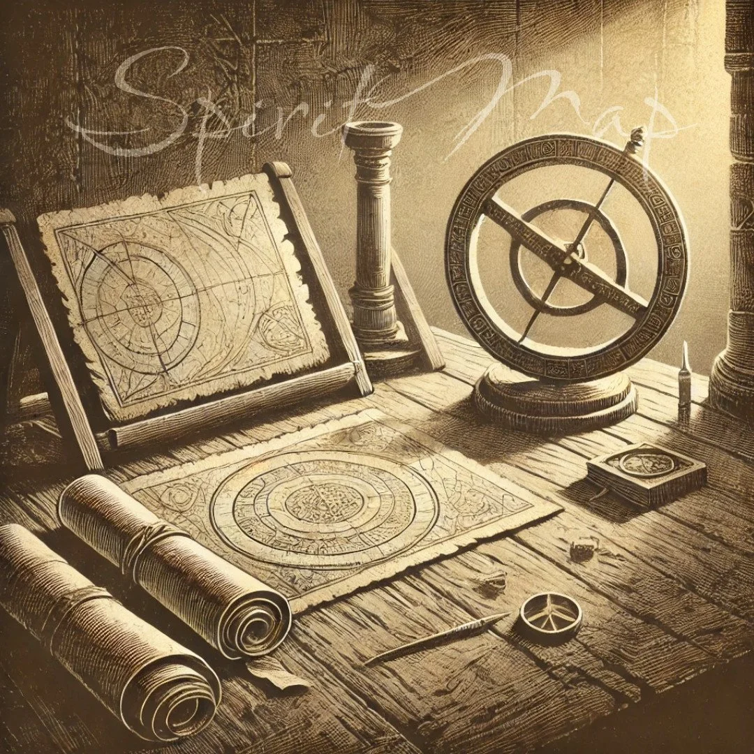 A vintage study or workspace with astronomical instruments, maps, and rolls of parchment on a wooden table, with the words "Spiritual Map" written in cursive.