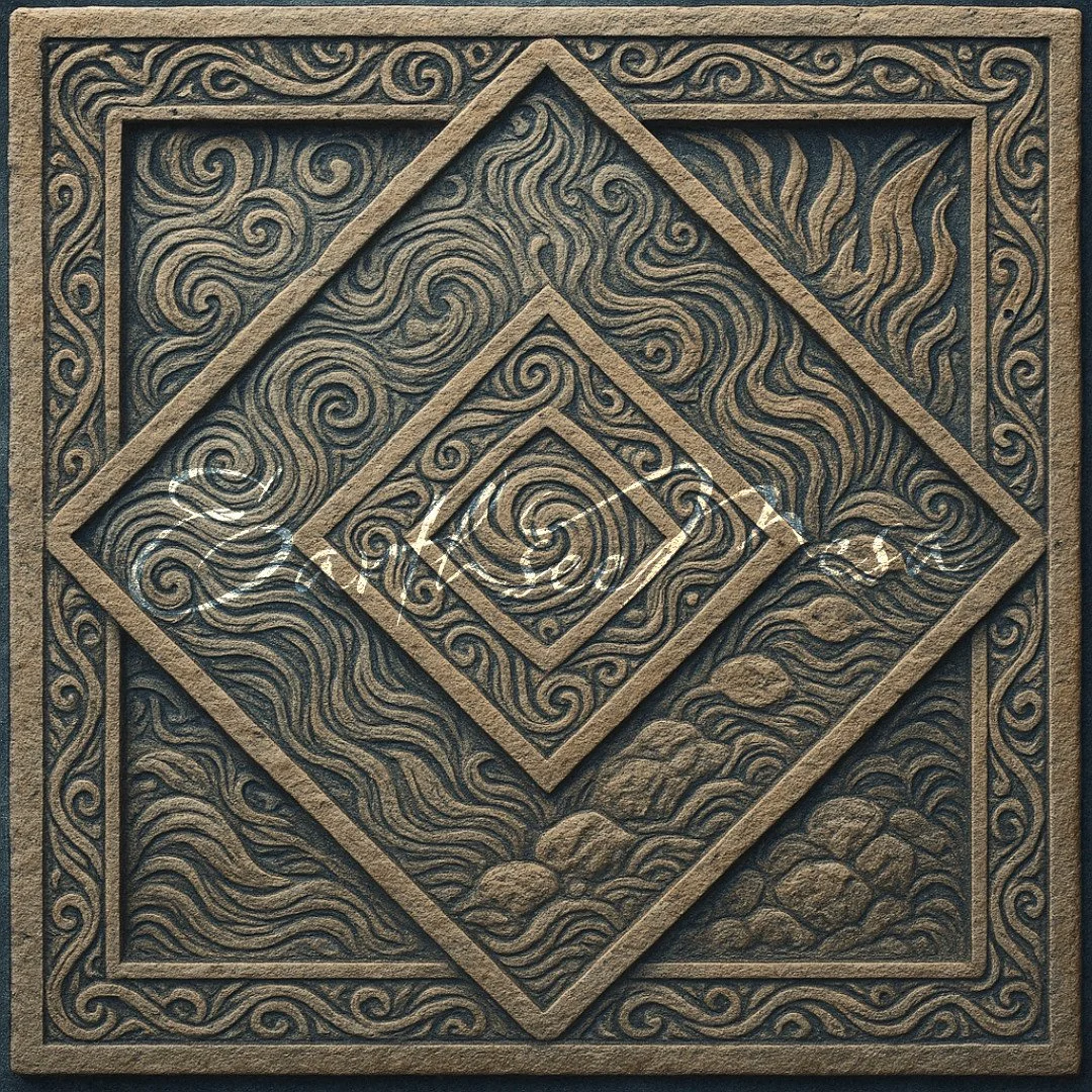 Intricate carved stone square with swirling patterns, concentric diamonds, and rocks in the design.
