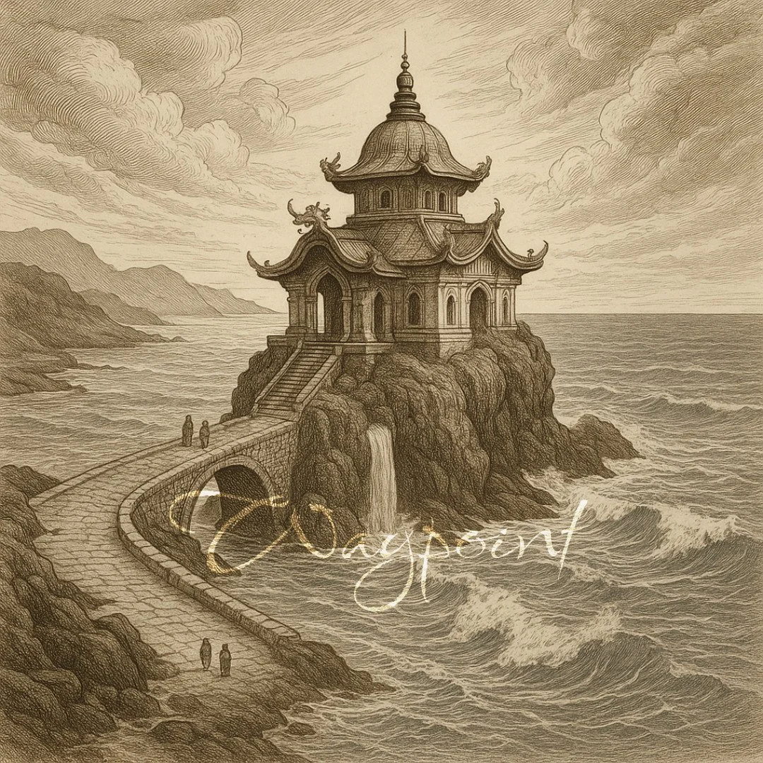 A sepia-toned drawing of a traditional Asian-style pagoda built on a rocky cliff extending into the ocean, with a pathway and stairs leading to it, and surrounding clouds and mountains in the background.
