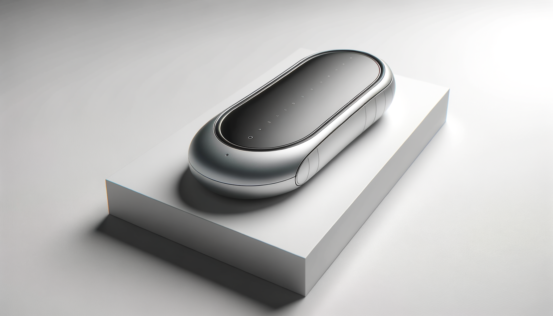 A sleek, modern, oval-shaped device with a black top and silver sides resting on a white platform.