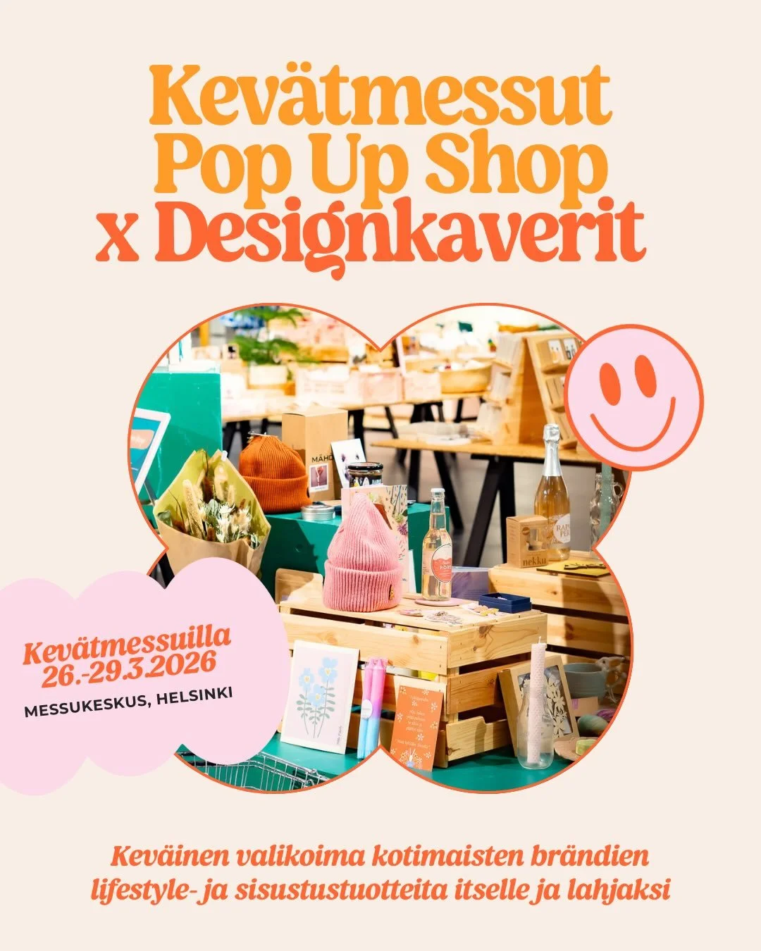 Kahden viikon p&auml;&auml;st&auml; 26.-29.3. n&auml;hd&auml;&auml;n Kev&auml;tmessuilla Helsingin Messukeskuksessa😍

Me tuodaan messuille kev&auml;&auml;n inspiroivin Pop Up Shop t&auml;ynn&auml; designl&ouml;yt&ouml;j&auml; itselle ja lahjaksi! Mu