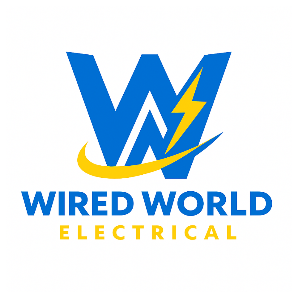 Logo for Wired World Electrical featuring a stylized blue 'W' with a yellow lightning bolt and swoosh, with the text 'WIRED WORLD' in blue and 'ELECTRICAL' in yellow.