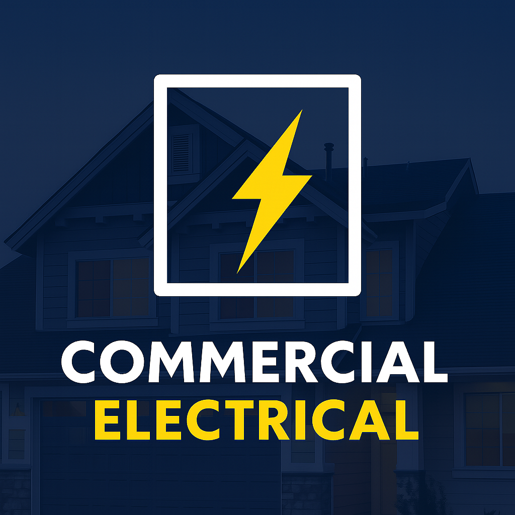 Graphic with a house in the background, a lightning bolt inside a square outline, and the words 'Commercial Electrical' in bold white and yellow text.
