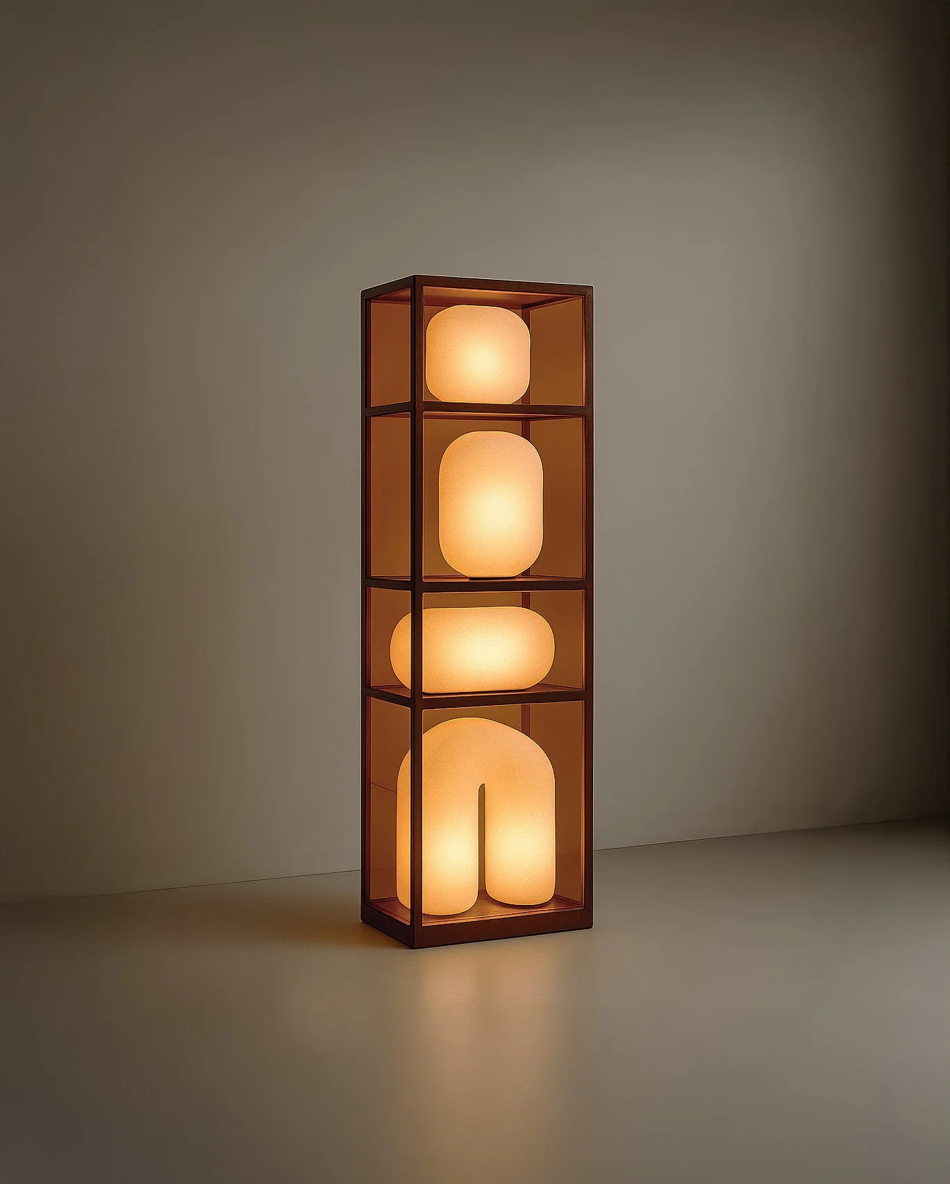 A modern floor lamp with five illuminated, rounded, soft-glow glass shades arranged vertically within a wooden frame.