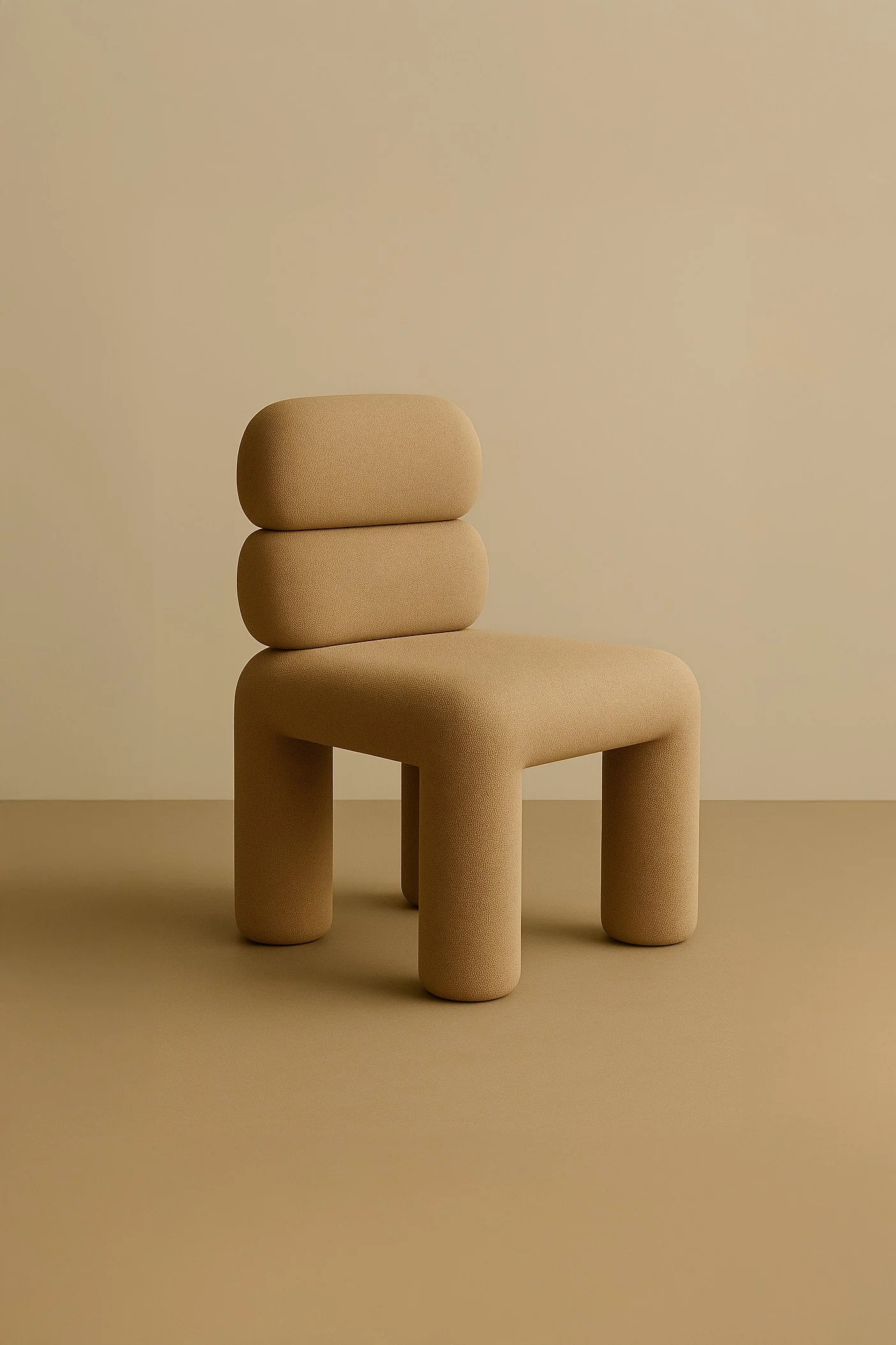 A beige, modern chair with a rounded backrest and cylindrical legs, set against a matching beige background.