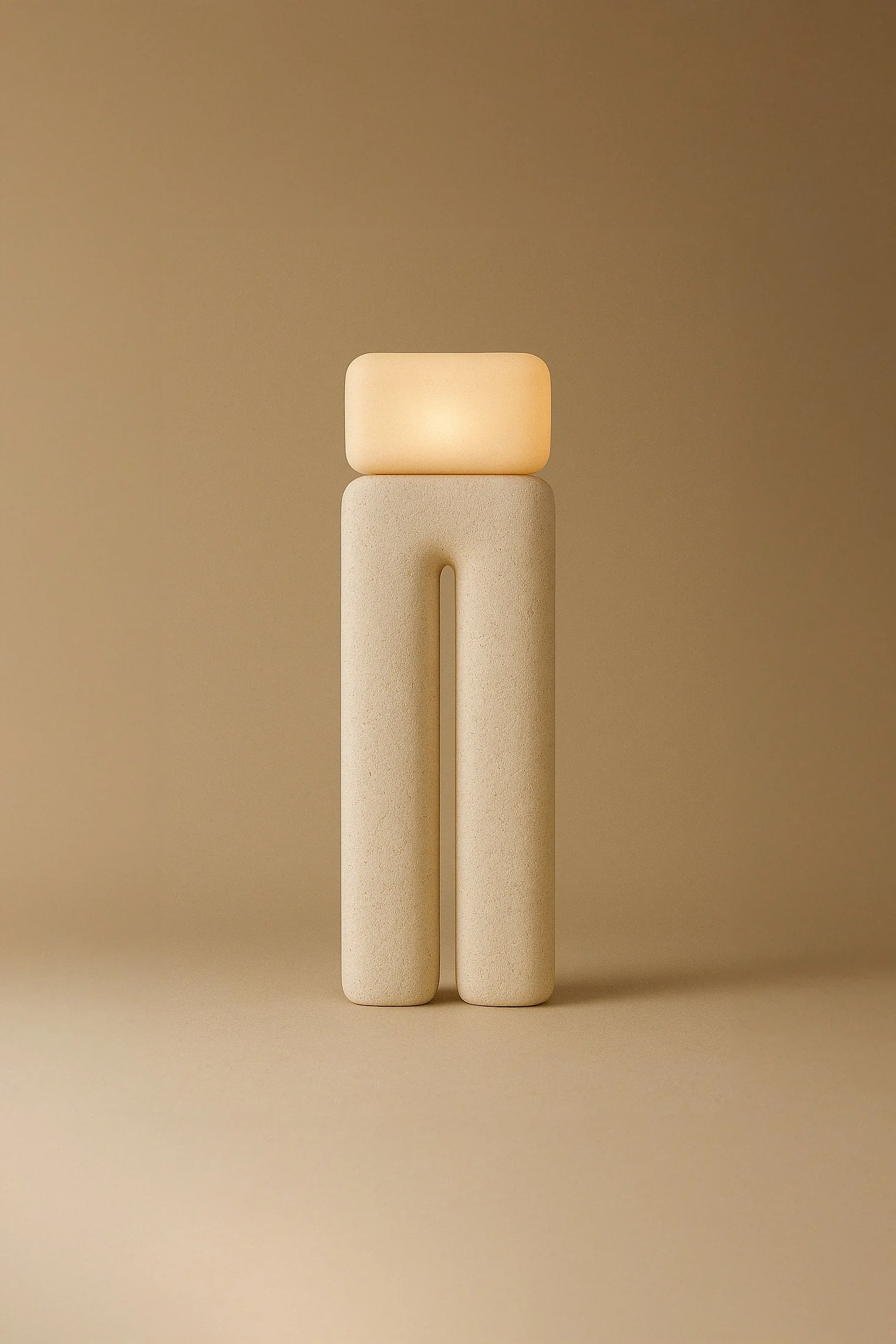 Minimalist sculpture with three components: a rectangular glowing light on top, a U-shaped beige element in the middle, and two vertical beige elongated shapes at the bottom, set against a plain beige background.