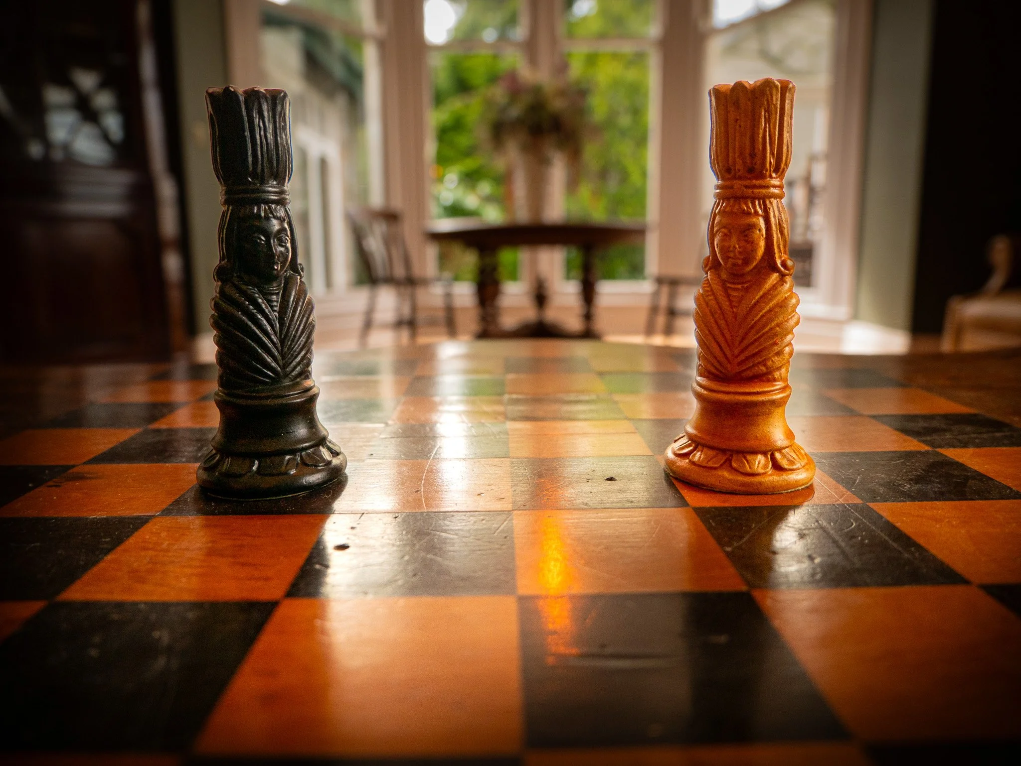 A close-up of a chessboard with two carved chess pieces, one black and one tan, in a room with large windows and green foliage outside.