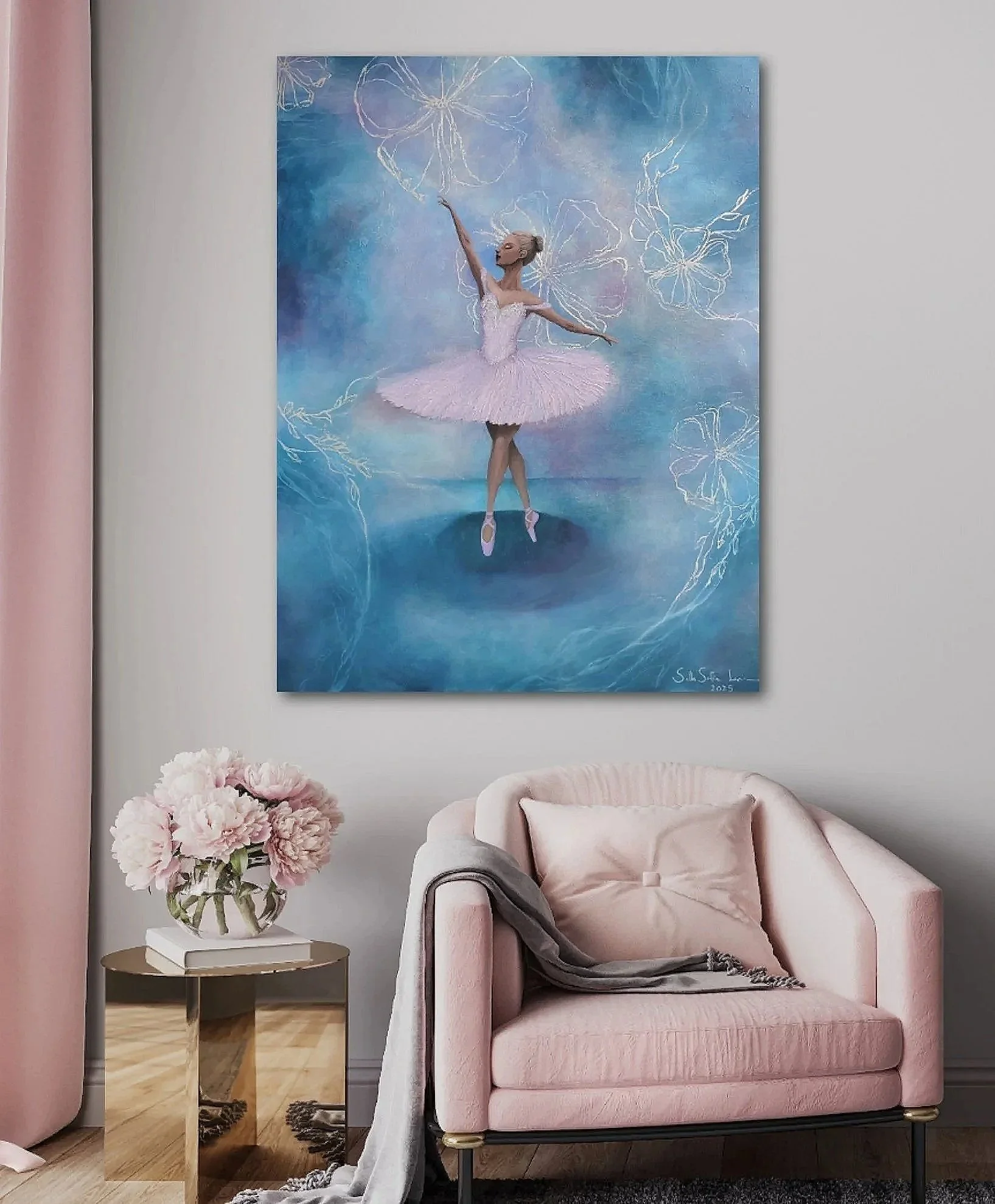A living room corner with a pink armchair, a small side table with pink flowers in a vase, and a large painting of a ballerina in a pink tutu dancing against a blue background decorated with flowers.