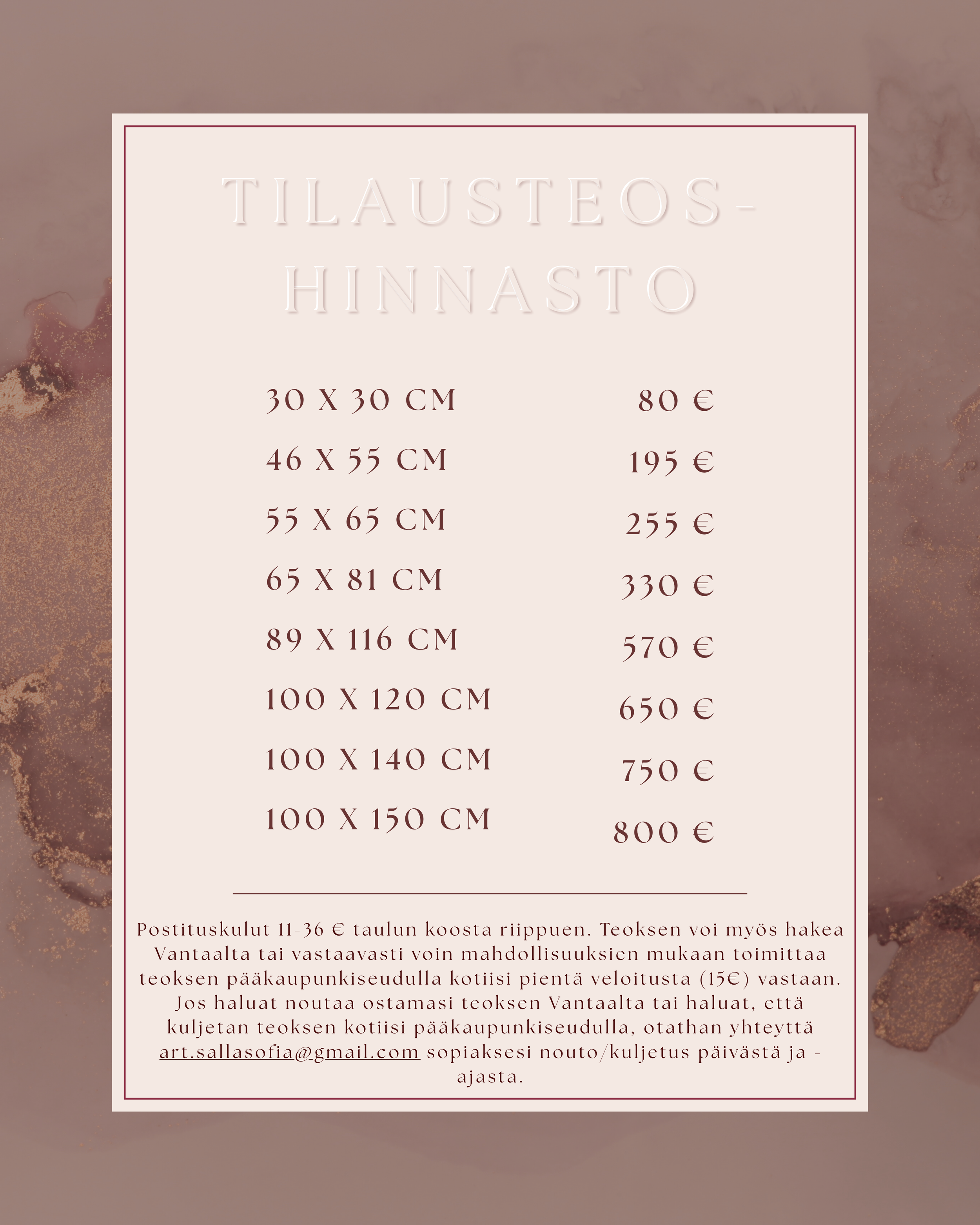 Price list for comission art with dimensions from 30x30 cm to 100x150 cm, priced from 80 to 800 euros.
