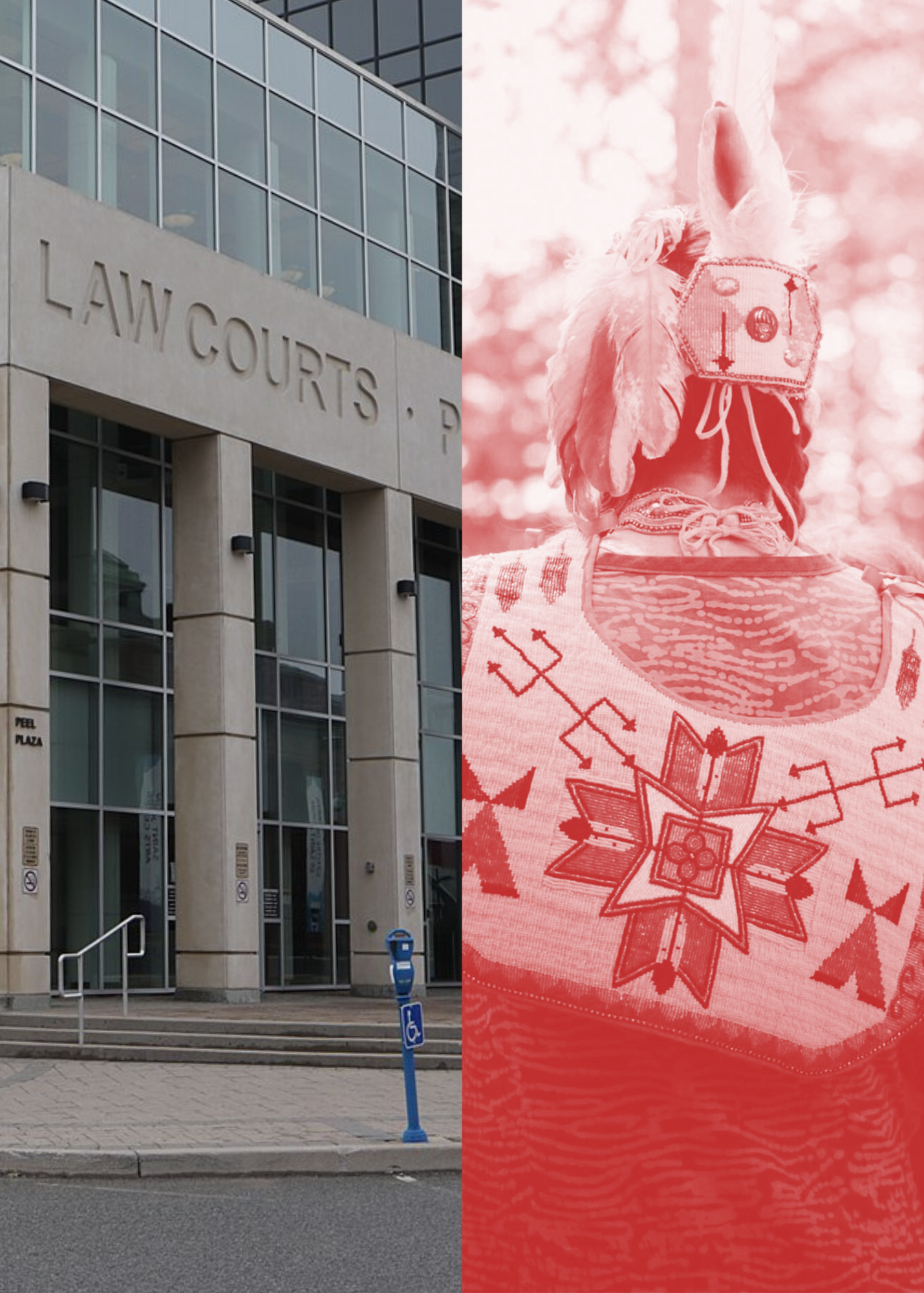 A photograph of a courthouse building next to a person wearing a Native American headdress and a shirt with a star emblem, with the photo split into two sections, one showing the building and the other showing the person in a pink overlay.