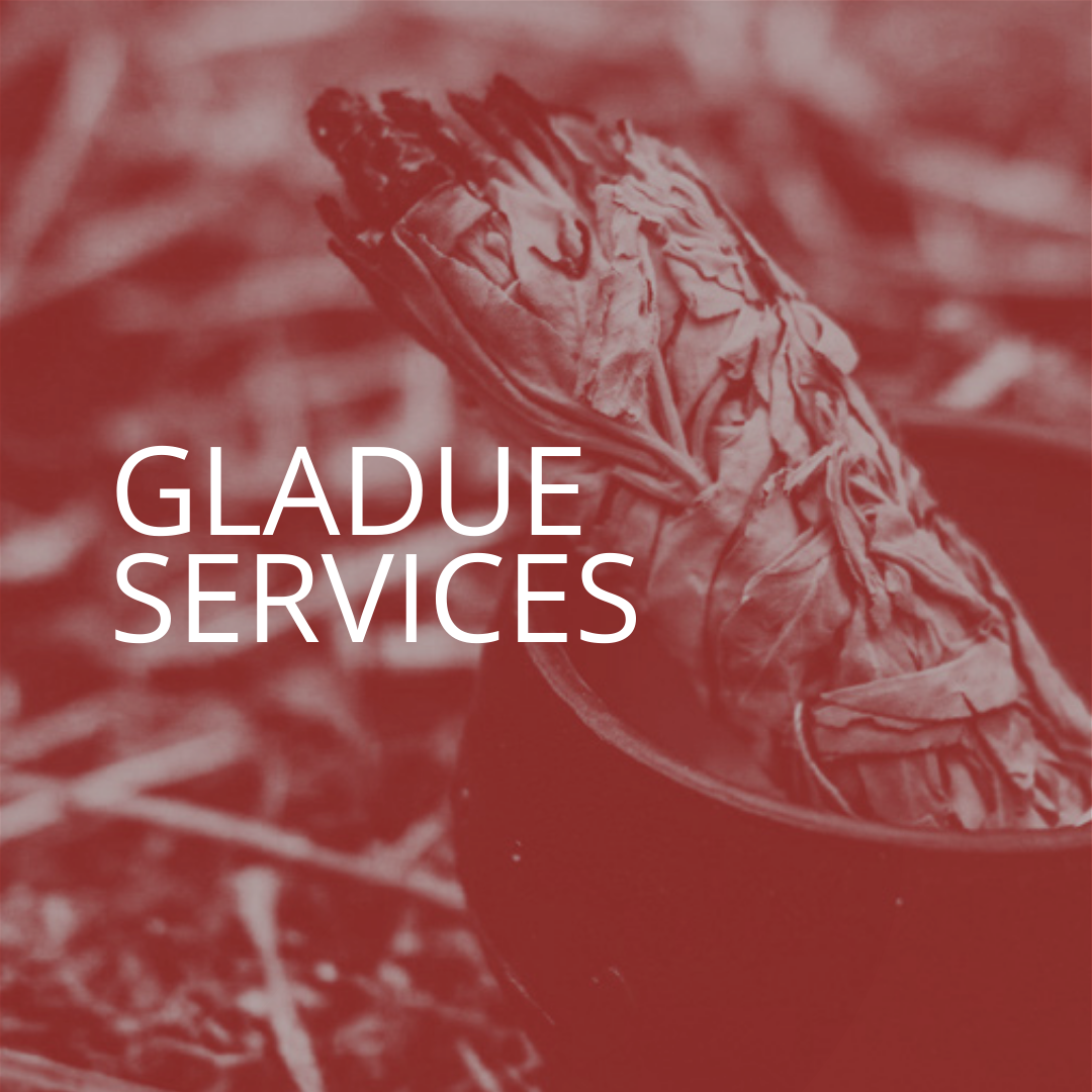 A dried, withered leaf in a bowl with overgrown grass background, overlaid with the text 'Gladue Services'.
