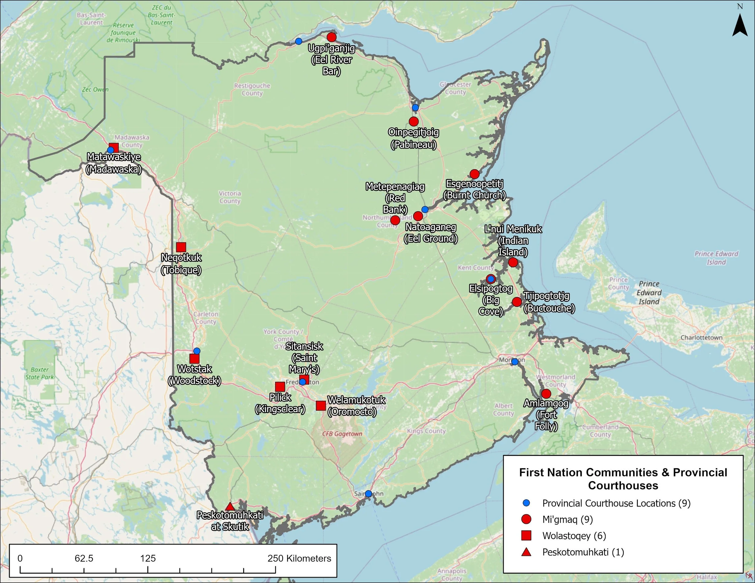 Map of Newfoundland and Labrador showing First Nation communities and provincial courthouses with distinct symbols for each type.