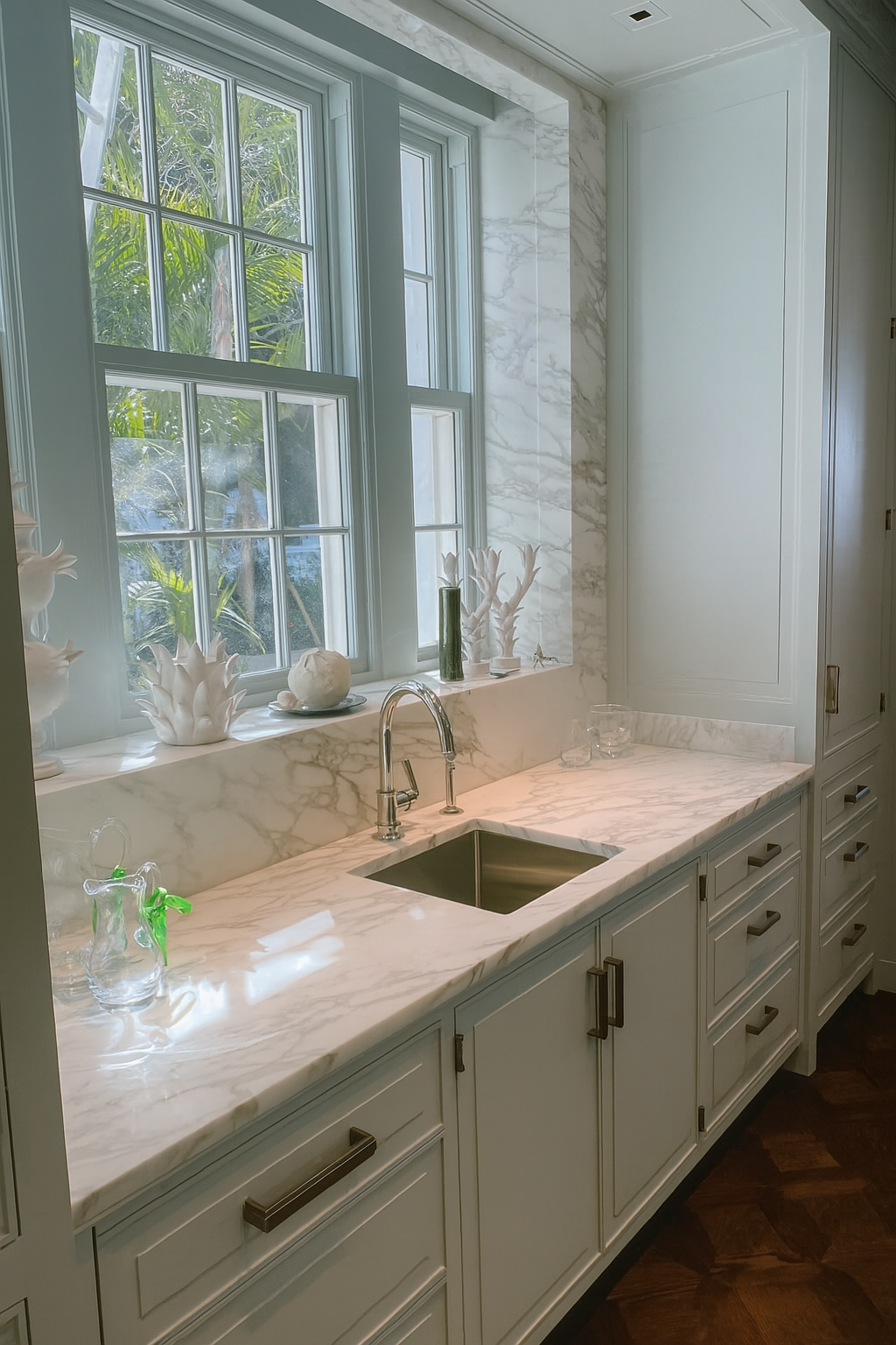 under mount sink, window sill with marble window jambs