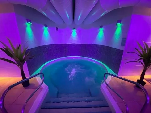 Indoor hot tub or small pool illuminated with colorful purple and blue lighting, flanked by potted plants, with drainage or piping overhead.