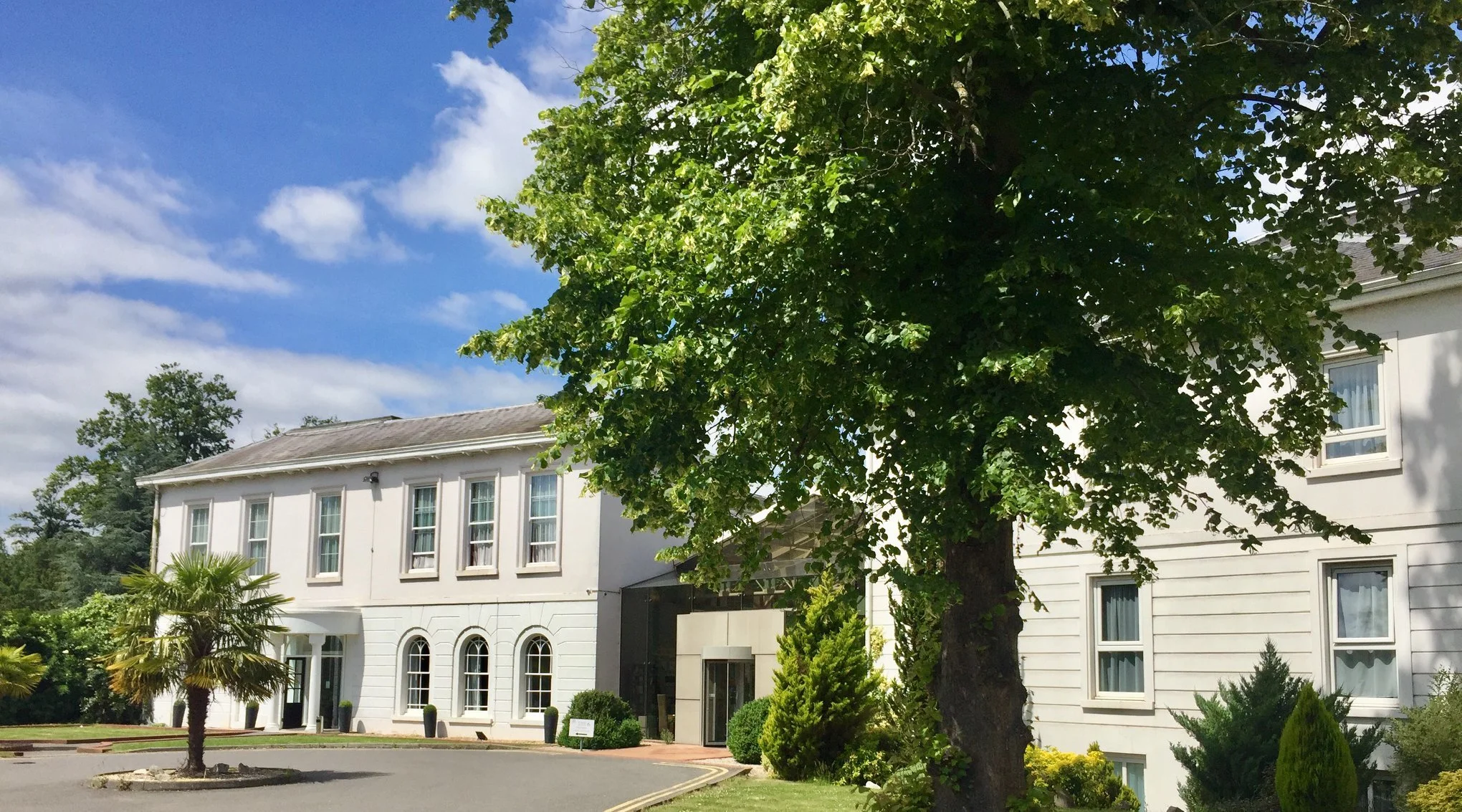 A white multi-story building with multiple windows, surrounded by green trees and shrubs. There is a large green tree in the foreground with a bright blue sky and some clouds overhead.