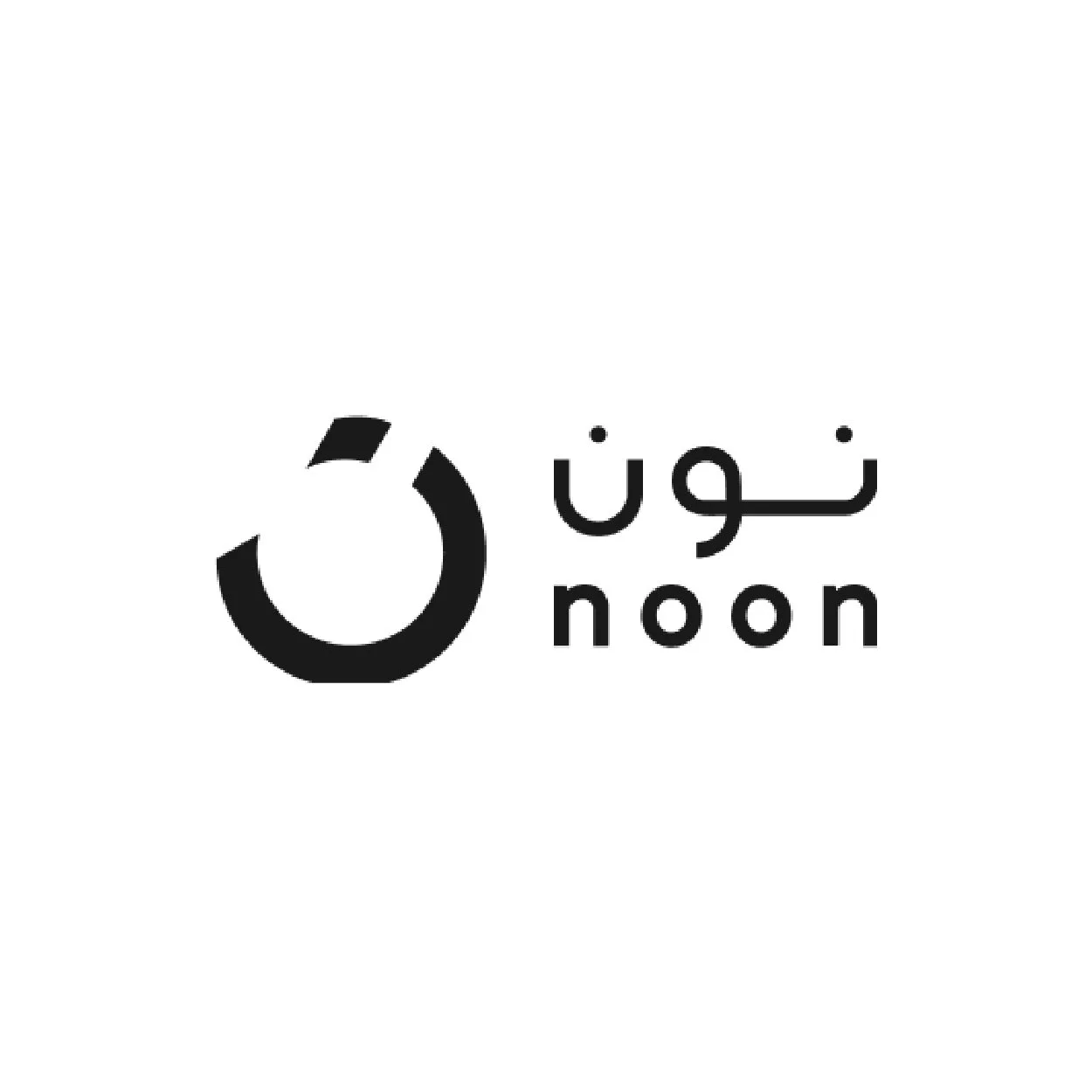 Black and white logo with a circular icon and the words 'noon' in English and Arabic.