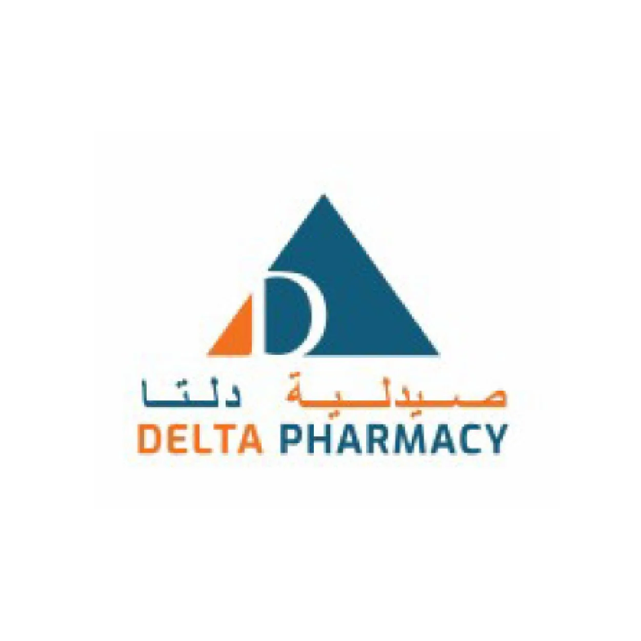 Logo of Delta Pharmacy with a blue and orange triangular design and text in English and Arabic.