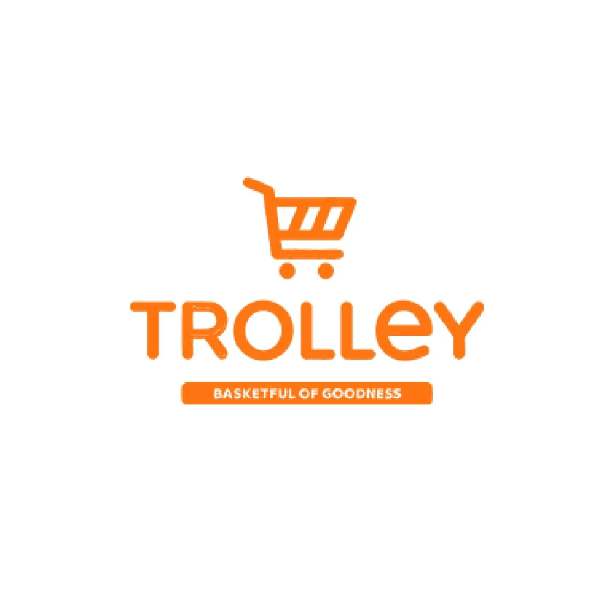 Logo with a shopping cart icon above the word 'Trolley' and the tagline 'Basketful of Goodness' in orange, on a white background.