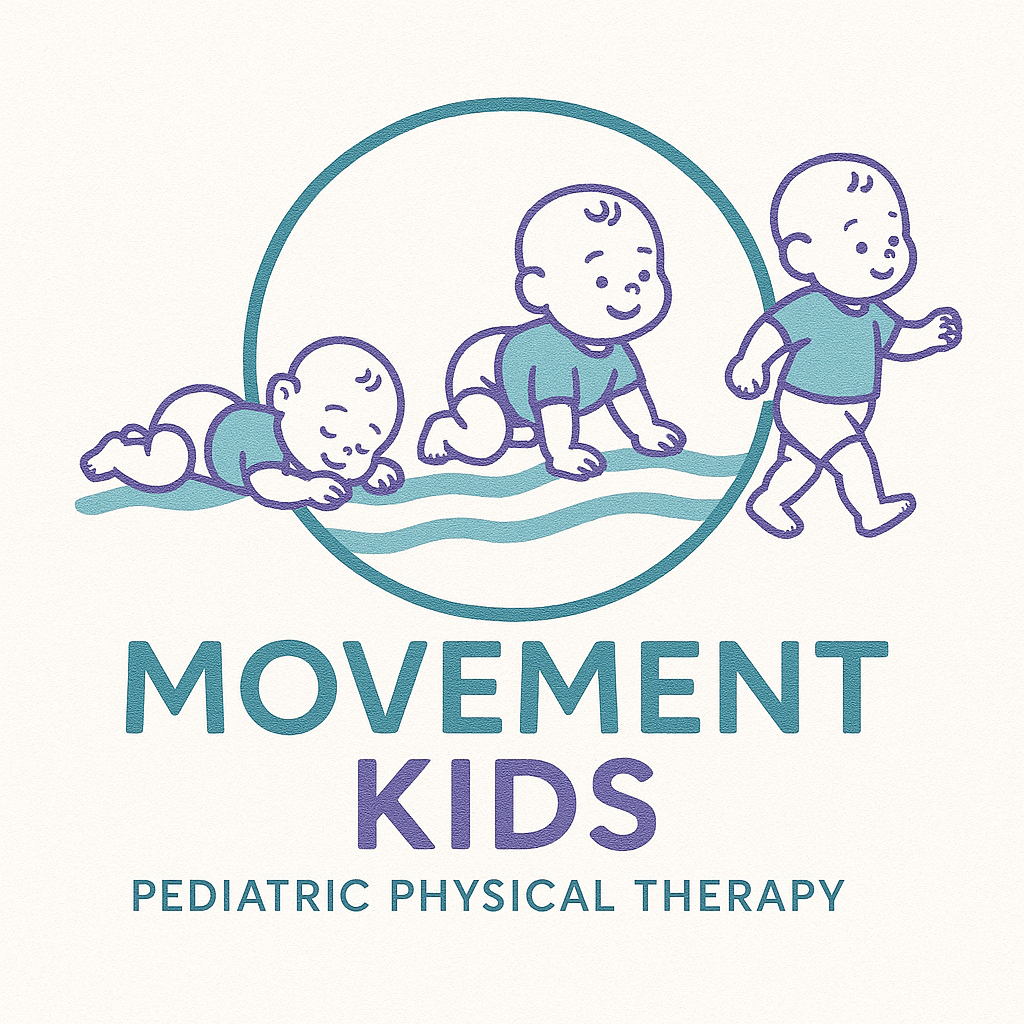 Illustration of a baby in three stages of movement: crawling, sitting, and walking, with the words "Movement Kids Pediatric Physical Therapy" underneath.