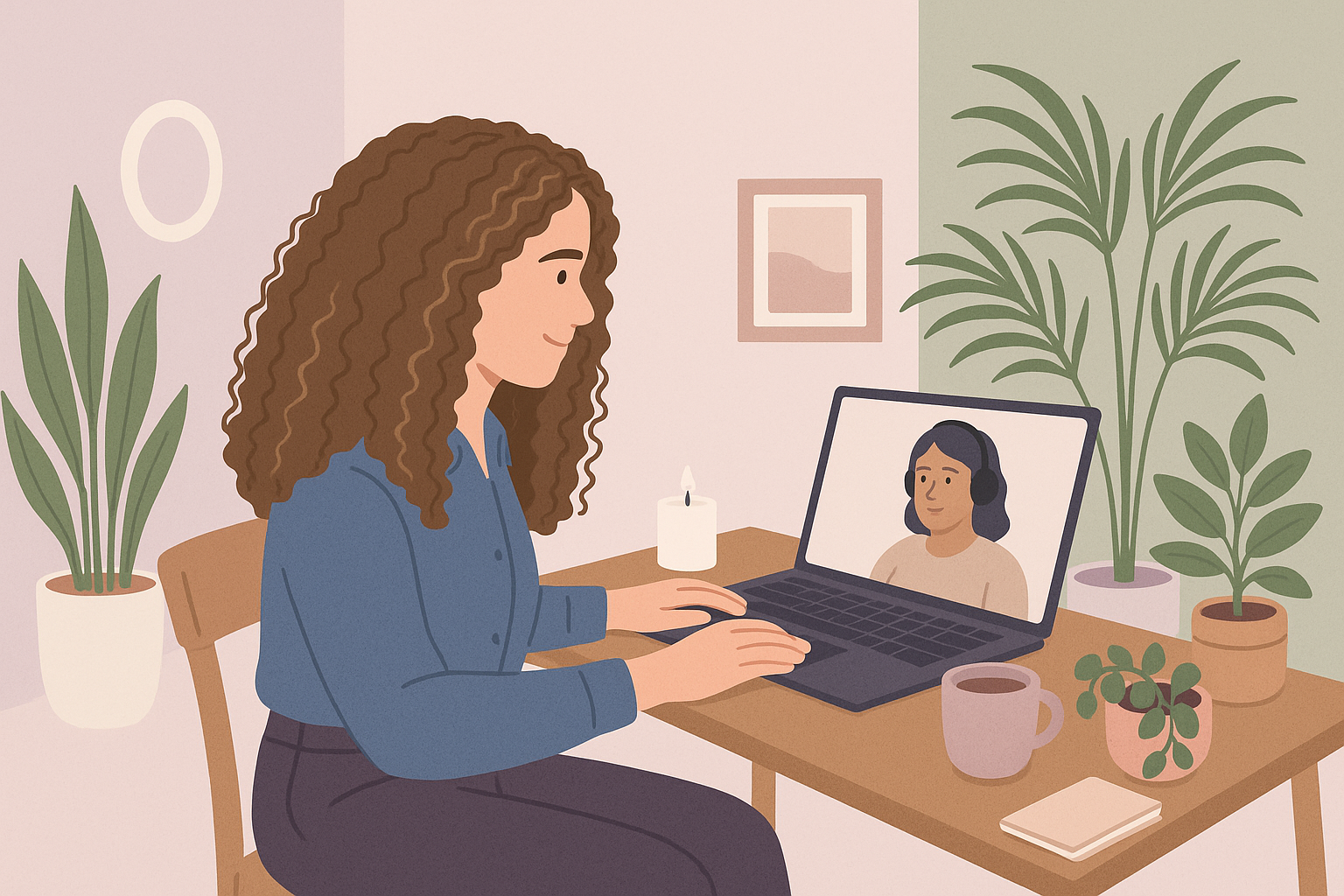An illustrated woman with curly hair sitting at a desk, engaging in a video call on a laptop with a woman wearing headphones. The room is decorated with various potted plants, a candle, a mug, a notebook, and a framed picture on the wall.