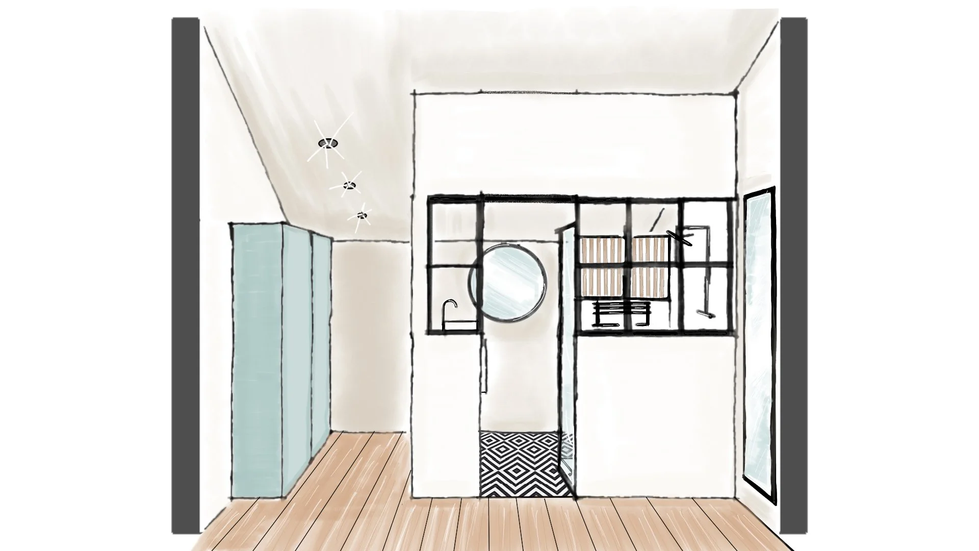 Shower room surrounded by workshop-style glass walls to diffuse natural light.