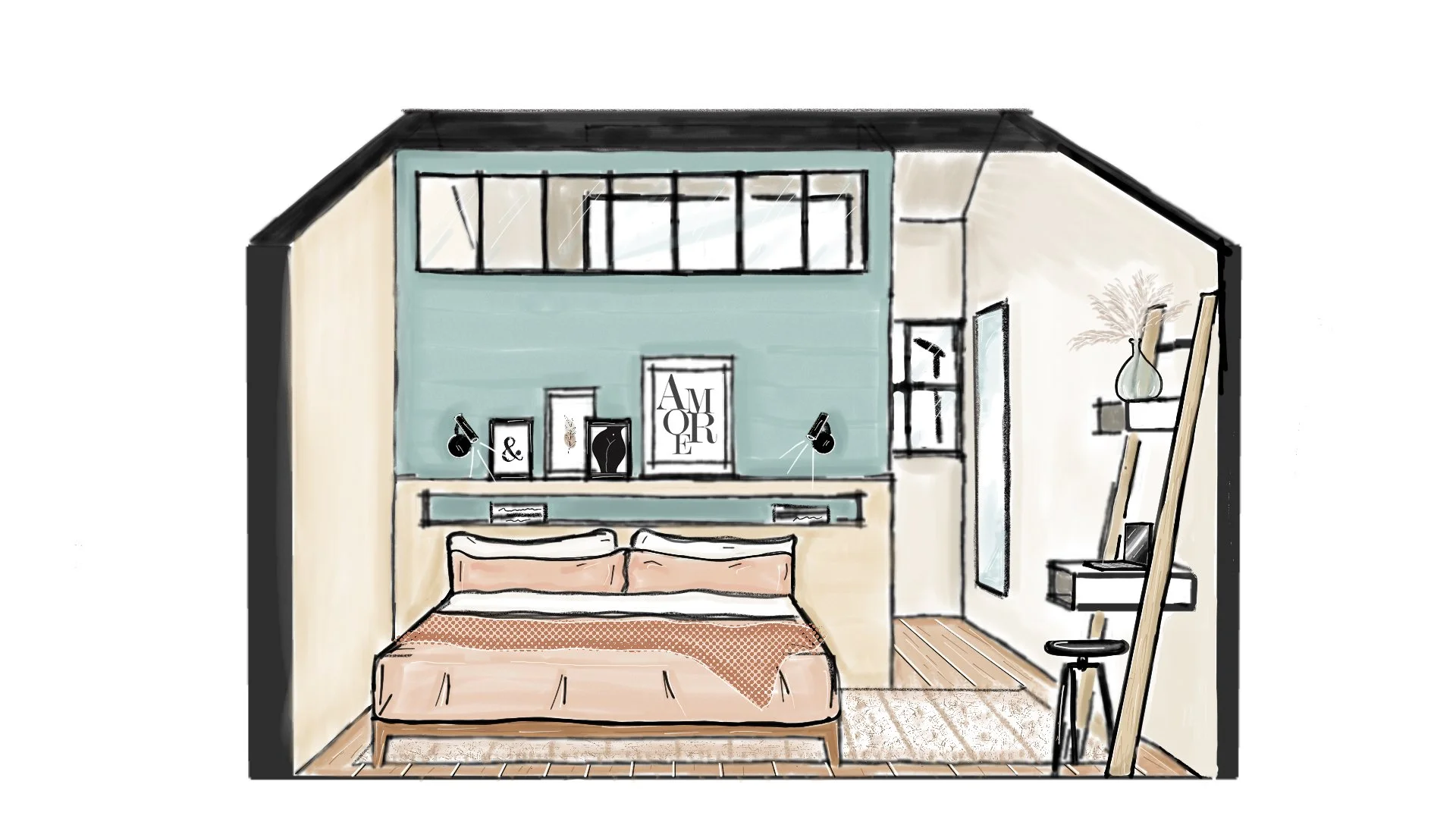 Master bedroom with a compact desk corner and a tailor-made headbed.
