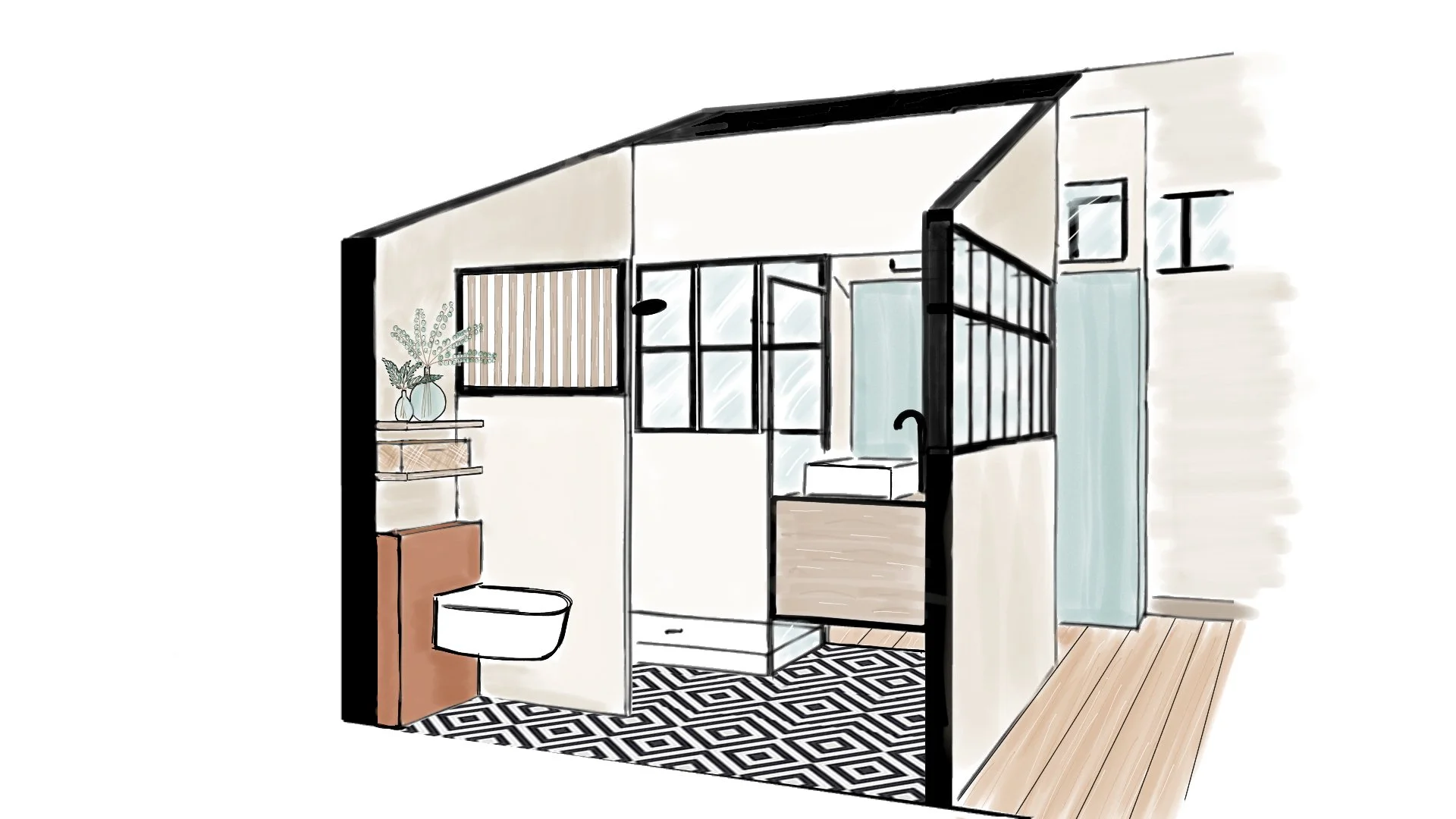 Partition wall between the shower and WC to offer some privacy.