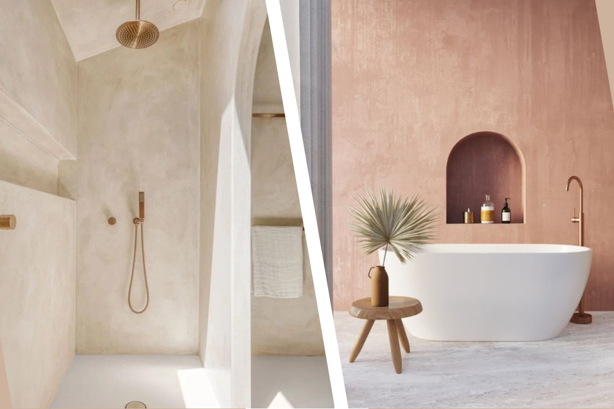Beige italian style shower and terracotta bathroom with white bathtub