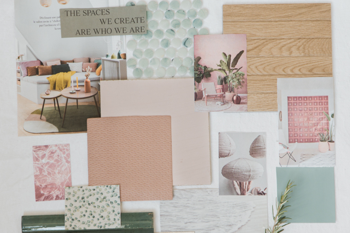 Collage of pink interiors, textures with touches of sage green
