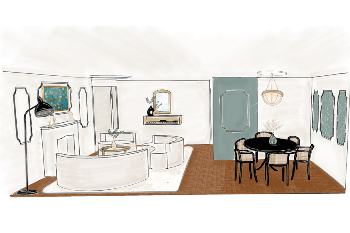 Drawing of an elegant Japandi Neo-victorian living room