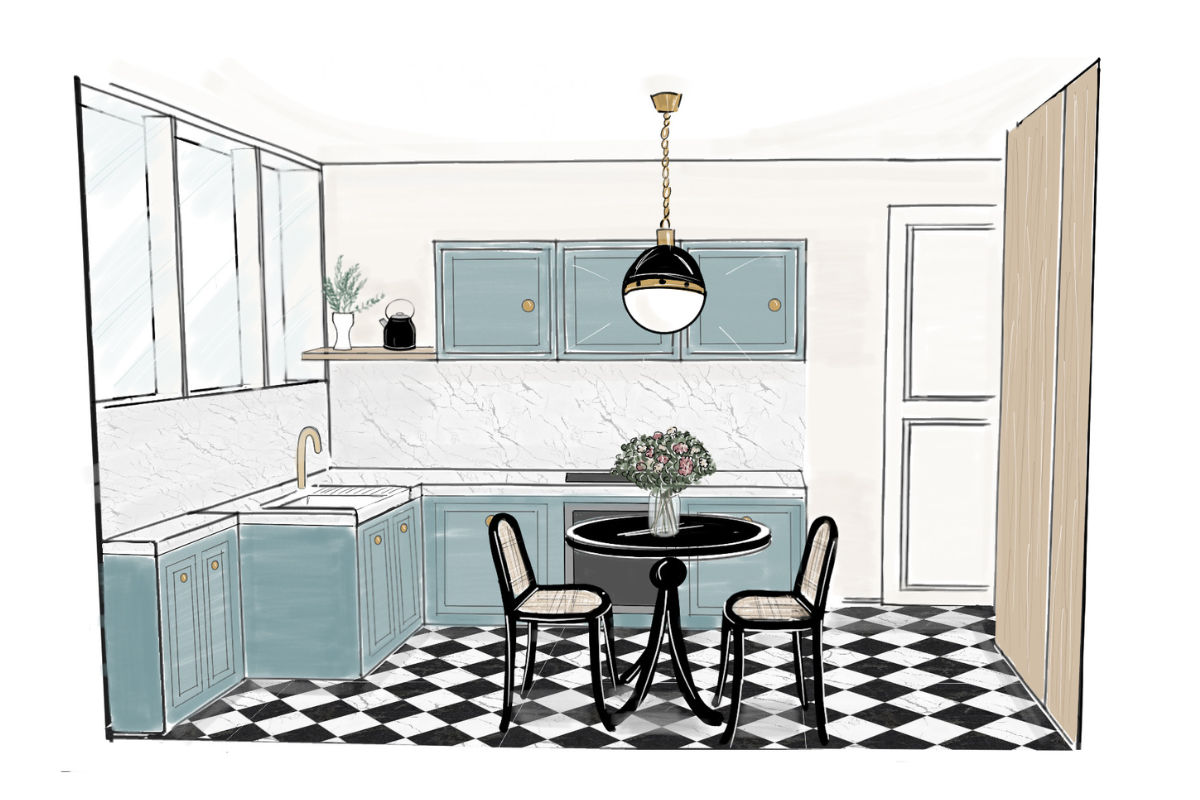 Neo victorian kitchen with black and light blue furniture