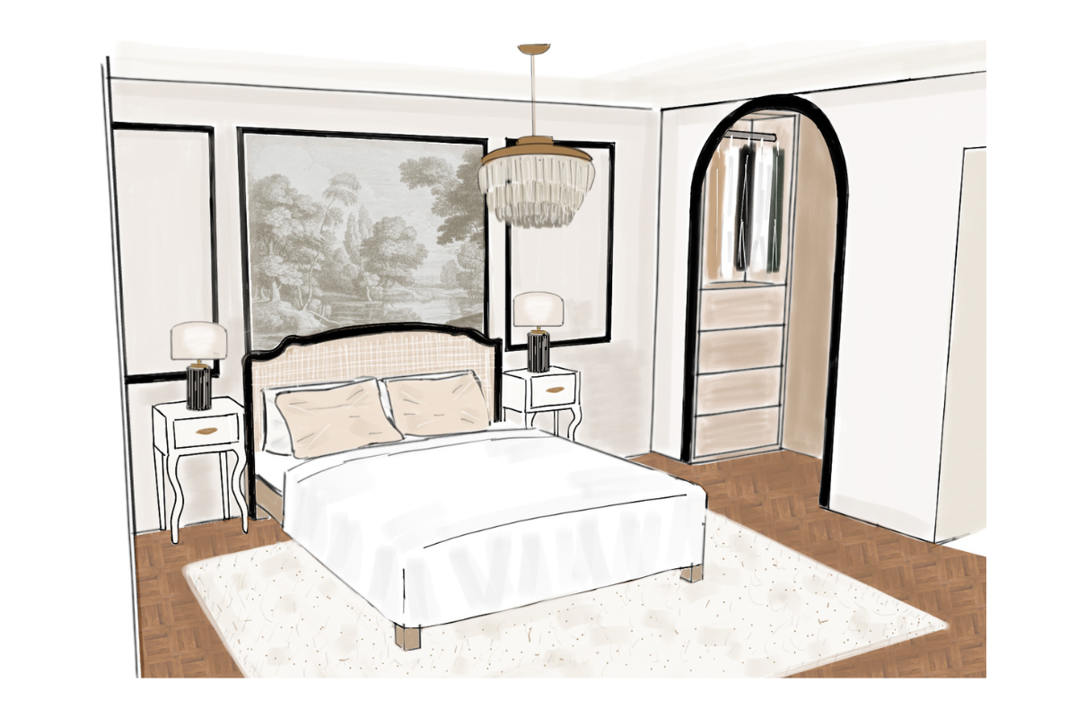 A beige and black neo victorian bedroom