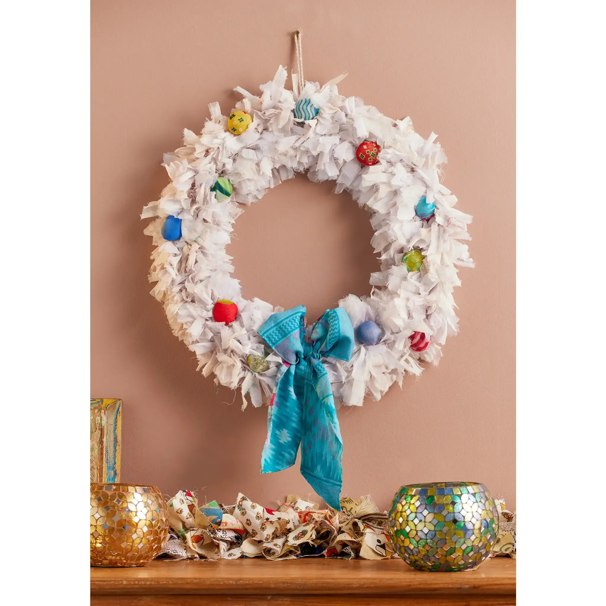 Recycled Sari Large White Bauble Wreath