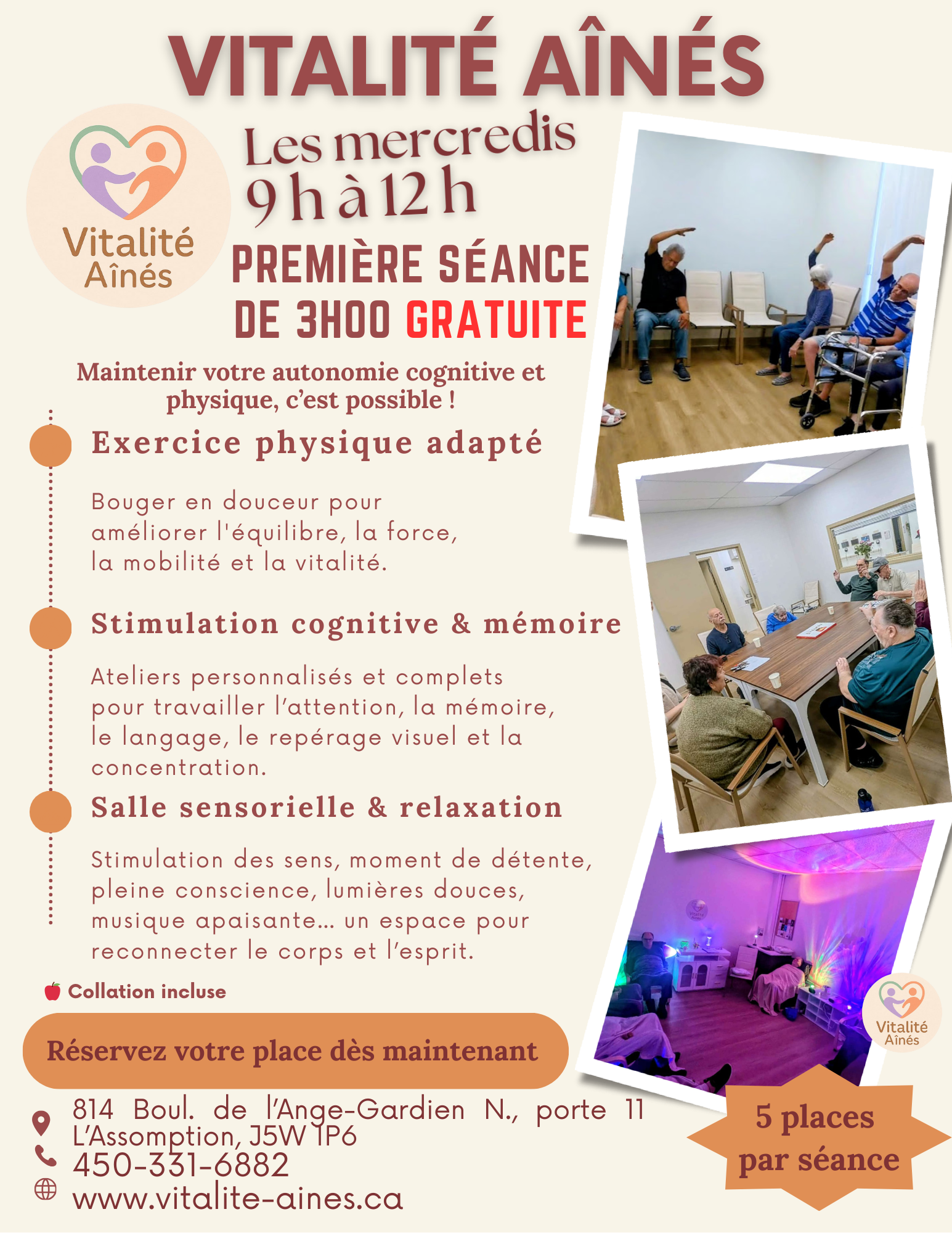 Affiche promotionnelle pour des séances de Vitalité Aînés, un programme pour maintenir la santé cognitive et physique des personnes âgées, avec des séances le mercredi matin, comprenant des exercices physiques, des activités cognitives et de relaxation, avec un maximum de 5 places par séance.