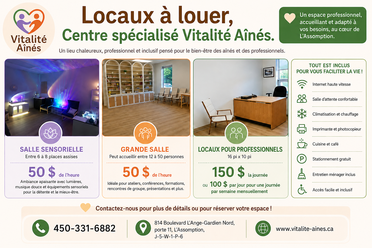 Locaux et salles à louer à L’Assomption, dans Lanaudière, près de Repentigny : bureaux professionnels, grande salle pour ateliers, formations et conférences, ainsi qu’une salle sensorielle aménagée.  à l’heure ou à la journée
