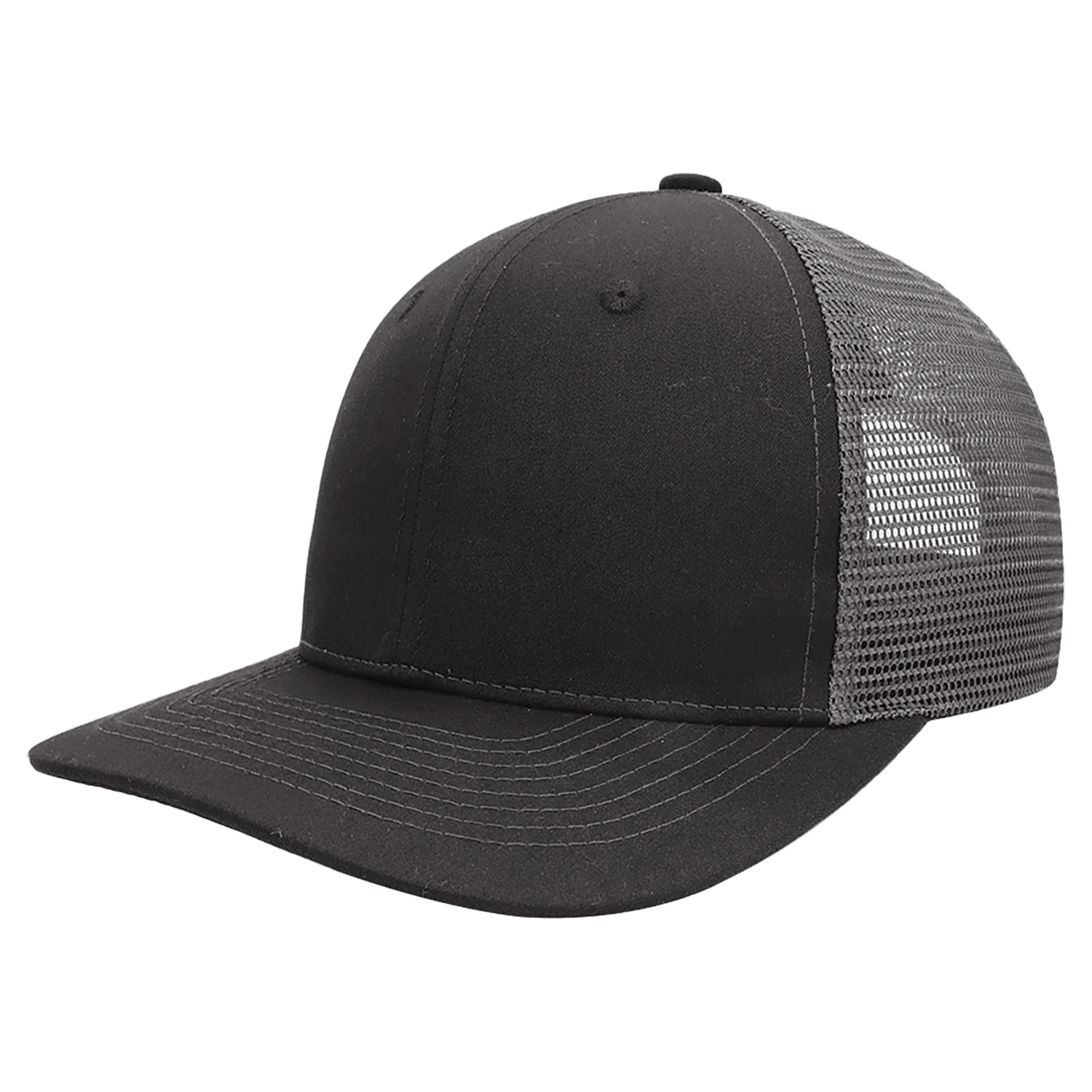 Black and gray trucker-style baseball cap with mesh back and curved brim