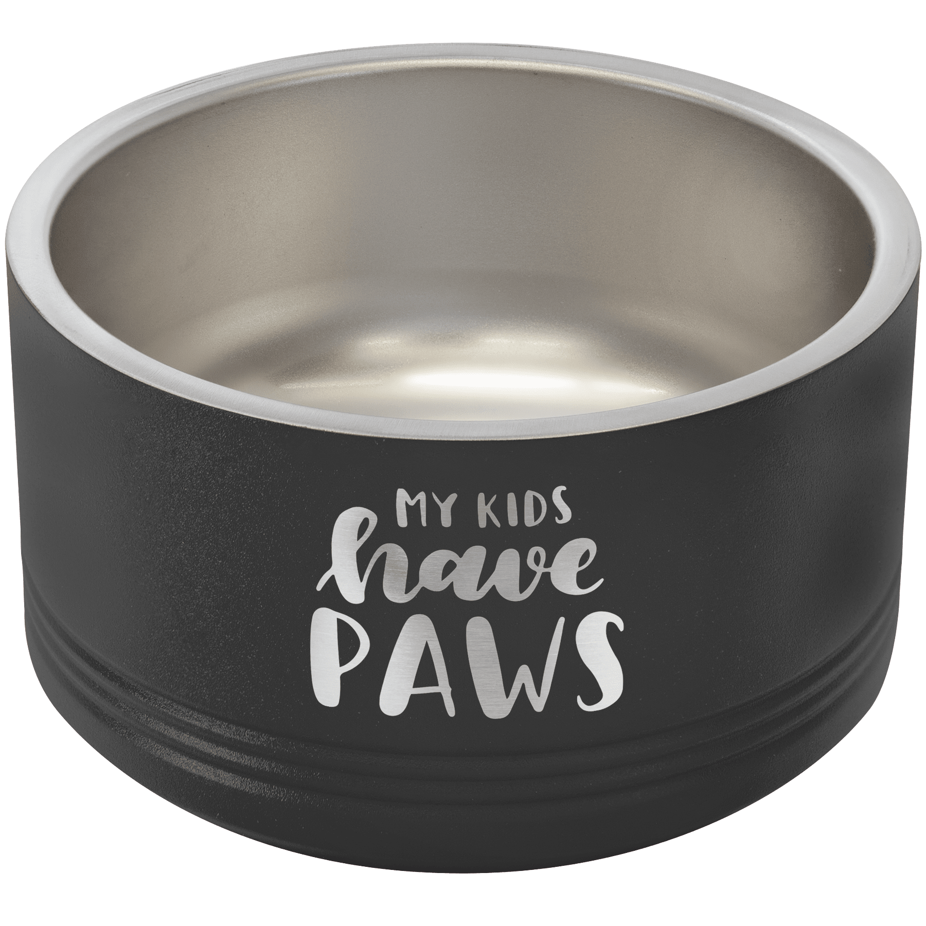 Close-up of a black pet bowl with the words 'my kids have paws' written on it in white text.
