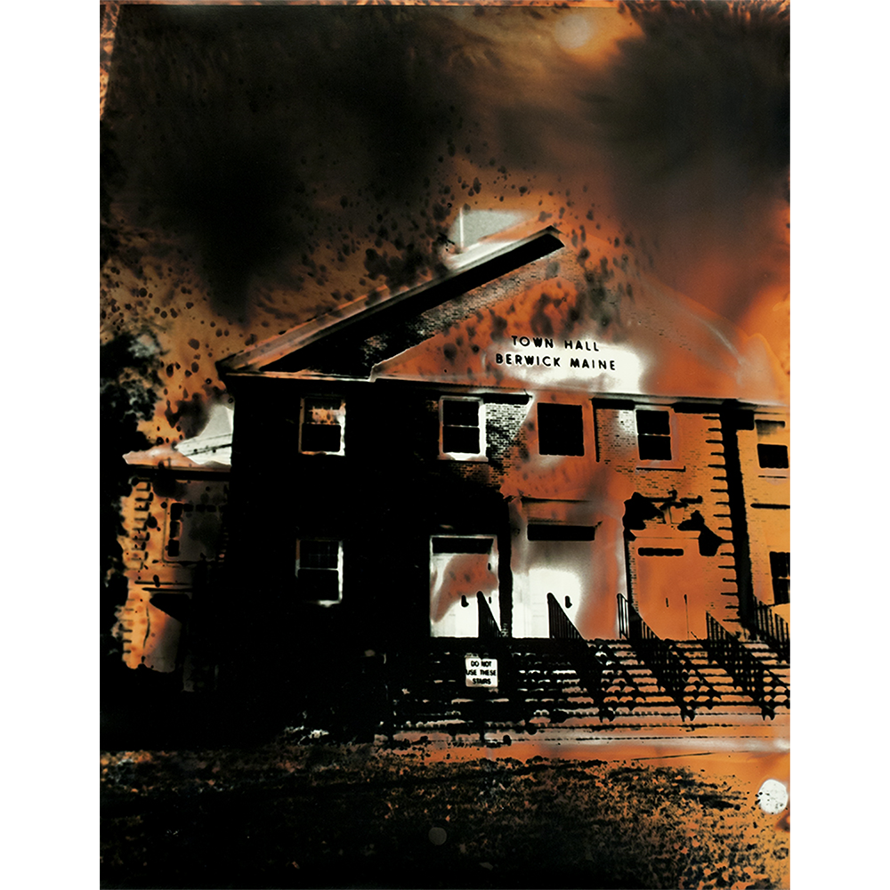 Chemigram 'Do Not Use These Stairs' — Berwick, Maine Town Hall in fiery orange and black chemical haze, hand-made.