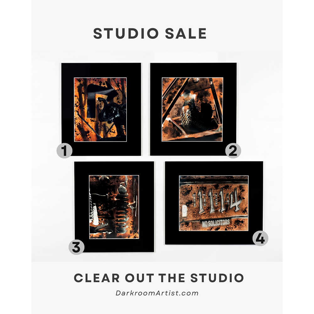 Promotional graphic for the Darkroom Artist studio archive, featuring hand-printed black-and-white photographs from the Chemigram series.
