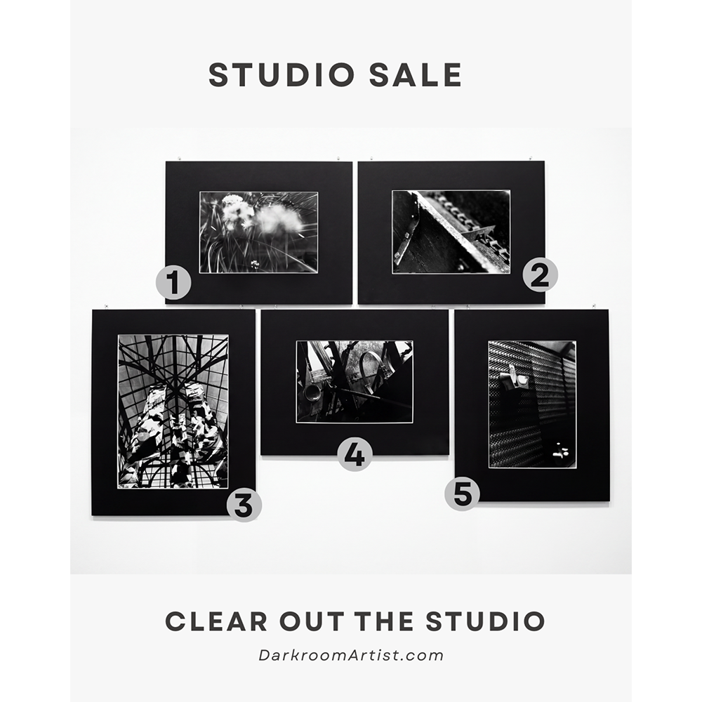 Promotional graphic for the Darkroom Artist studio archive, featuring hand-printed 8-inch black-and-white photographs.
