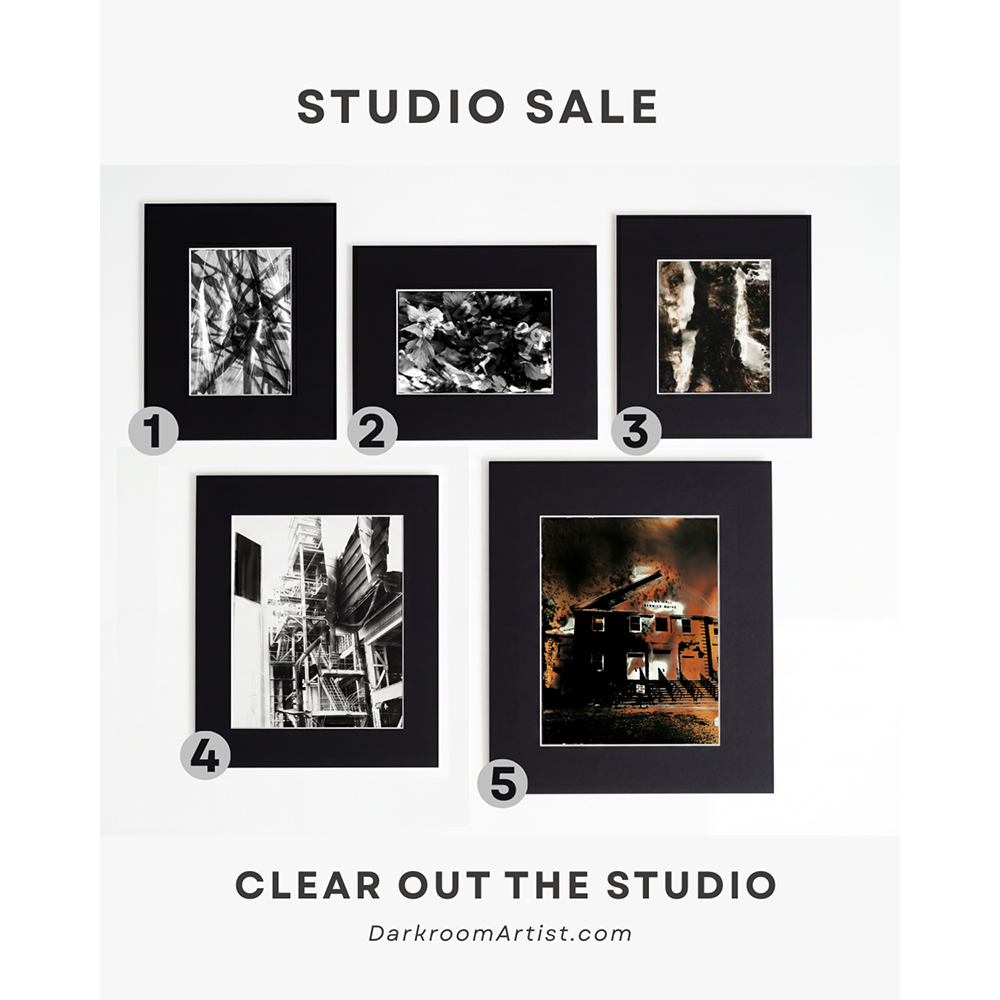 Promotional graphic for the Darkroom Artist studio archive, featuring hand-printed abstract black-and-white photographs.