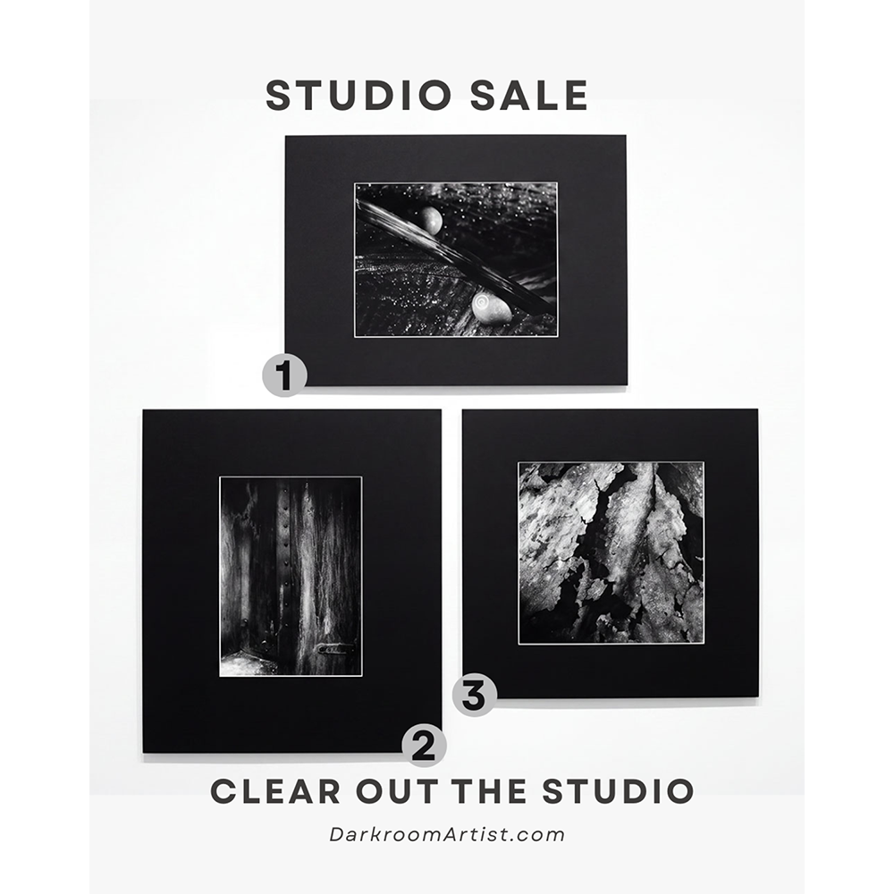 Promotional graphic for the Darkroom Artist studio archive, featuring hand-printed large black-and-white photographs focused on textures.