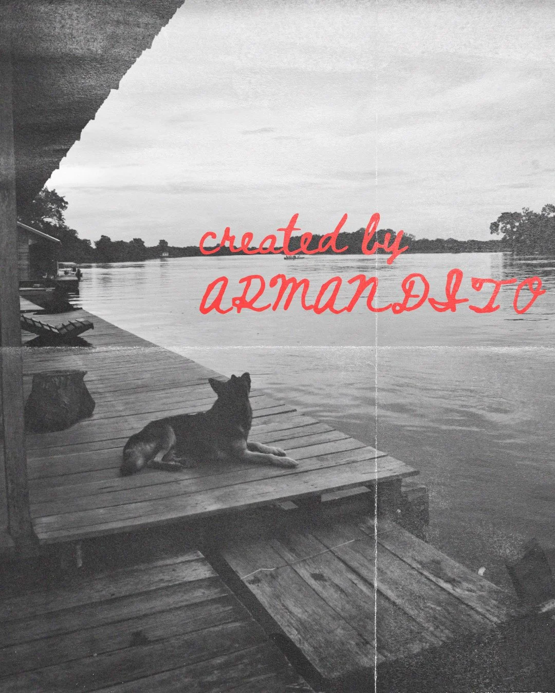 A black and white photo of a dog lying on a wooden dock by a river, with trees and houses in the background. Red text overlay reads "created by armand alto."