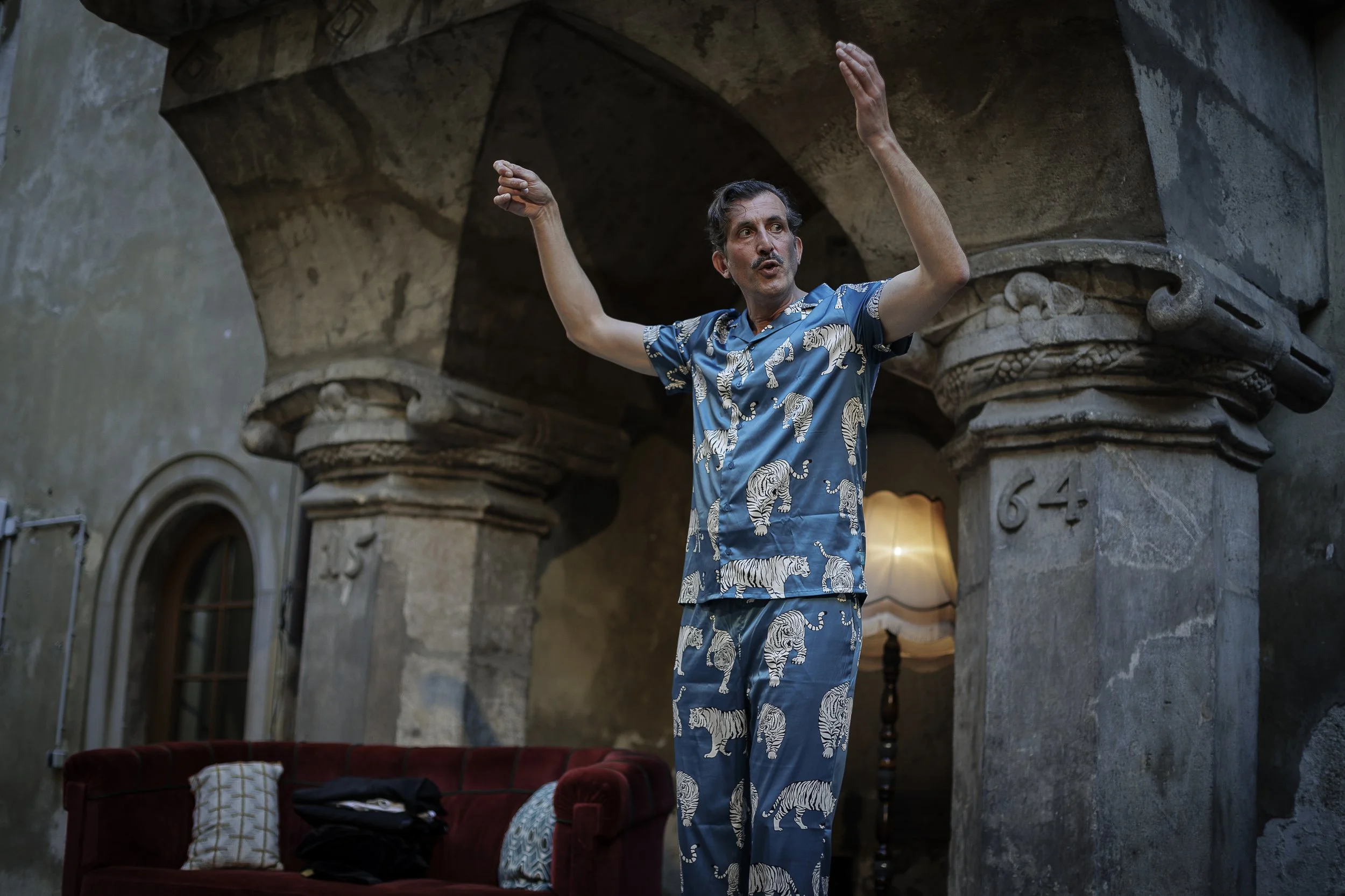 Ein Mann in einem blauen Pyjama mit Zebra-Muster steht auf einer Couch und gestikuliert enthusiastisch vor einem alten Steinbogen. Im Hintergrund ein Lampenschirm und historische Architektur.