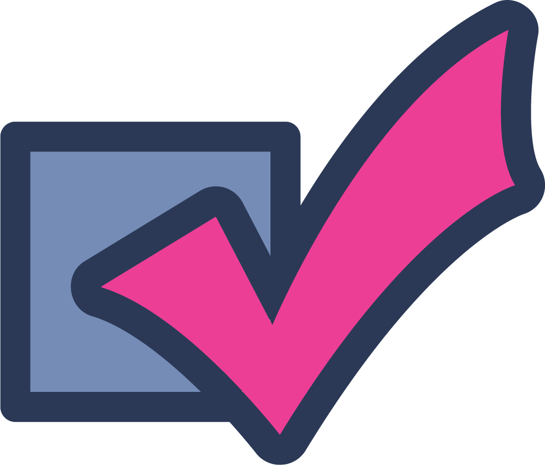 Graphic icon of a pink checkmark overlapping a blue square.