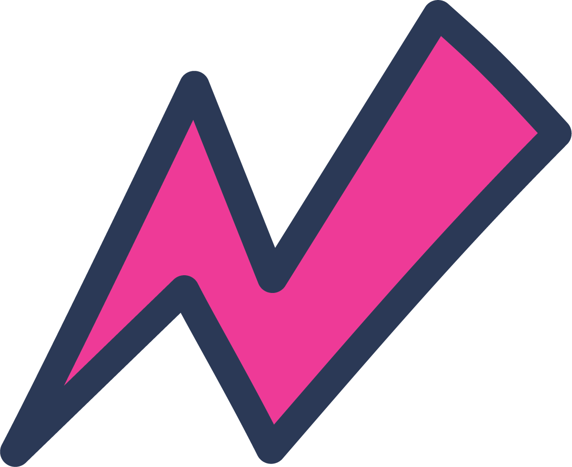 Pink and dark blue stylized zigzag or lightning bolt graphic.