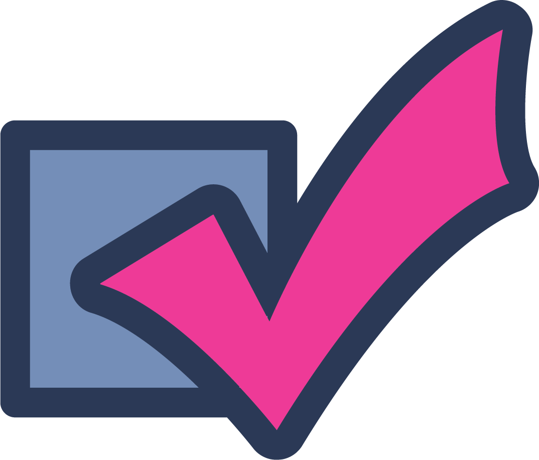 Graphic icon of a handheld device with a checkmark inside a square, with the checkmark extending outside the device, colored pink and blue.
