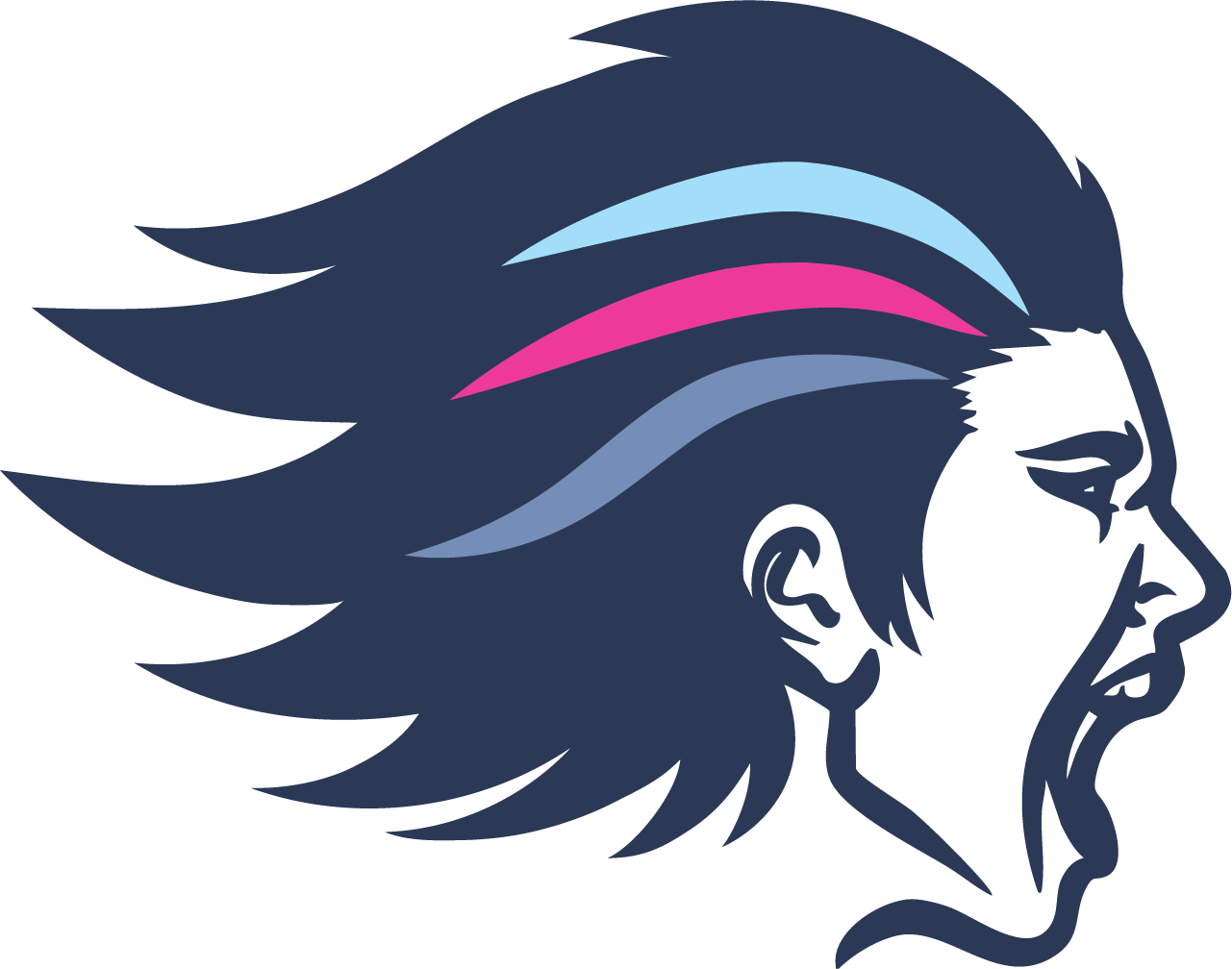 A stylized logo of a person's profile with flowing hair in shades of blue, pink, and purple.