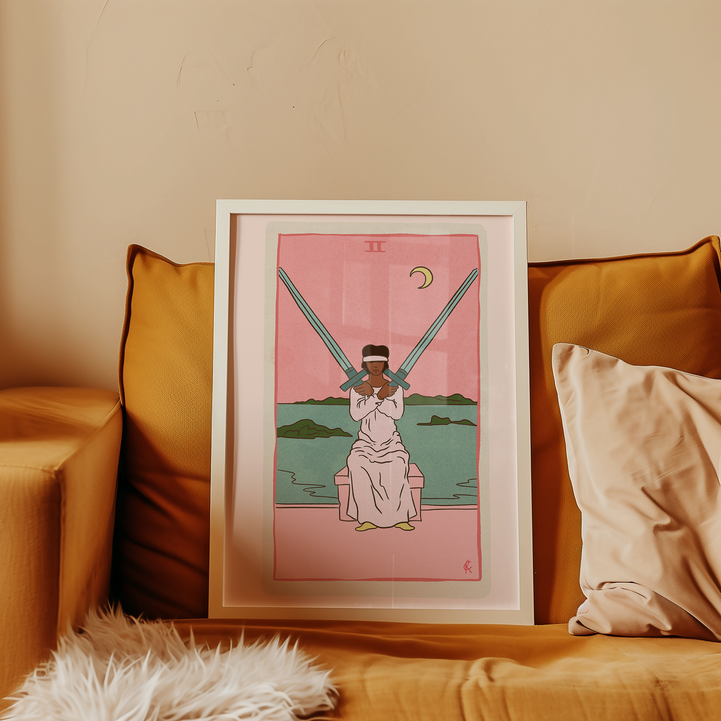 Two of Swords tarot card print, feminine pink witchy spiritual decor poster print.
