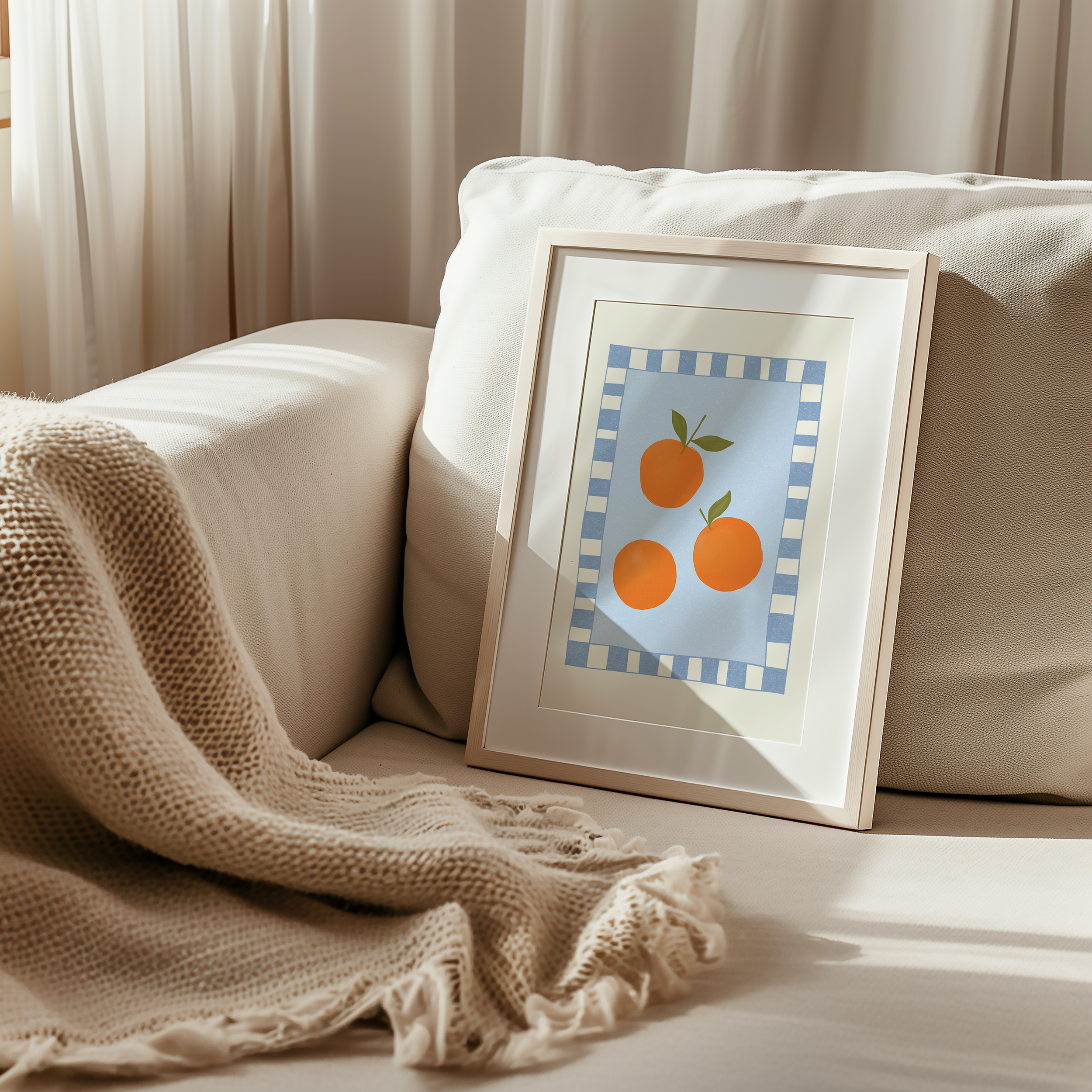 Bold dopamine decor print poster of oranges. kitchen poster. Orange and blue. Mediterranean fee
